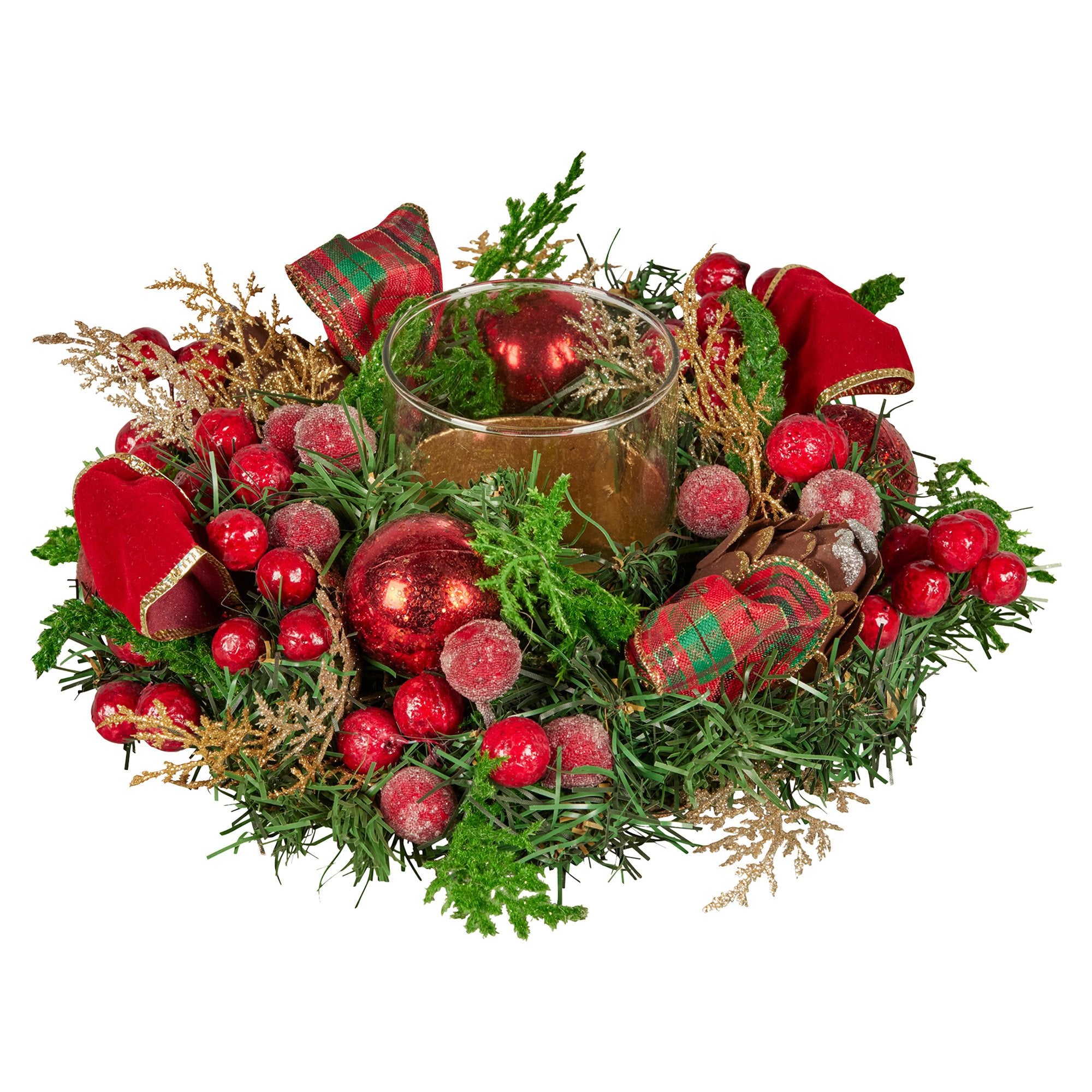 26cm Pre-Decorated Christmas Centrepiece with Candle Holder, Berries & Pine Cones