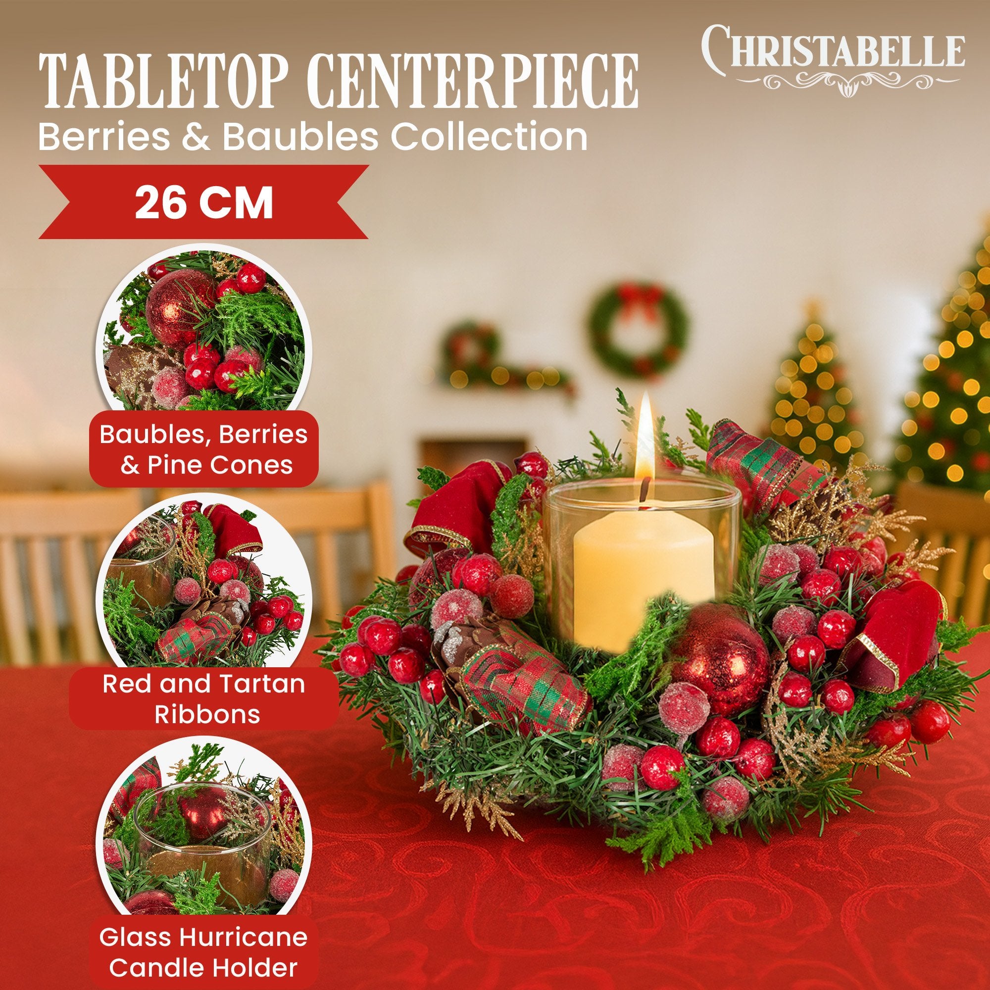 26cm Pre-Decorated Christmas Centrepiece with Candle Holder, Berries & Pine Cones