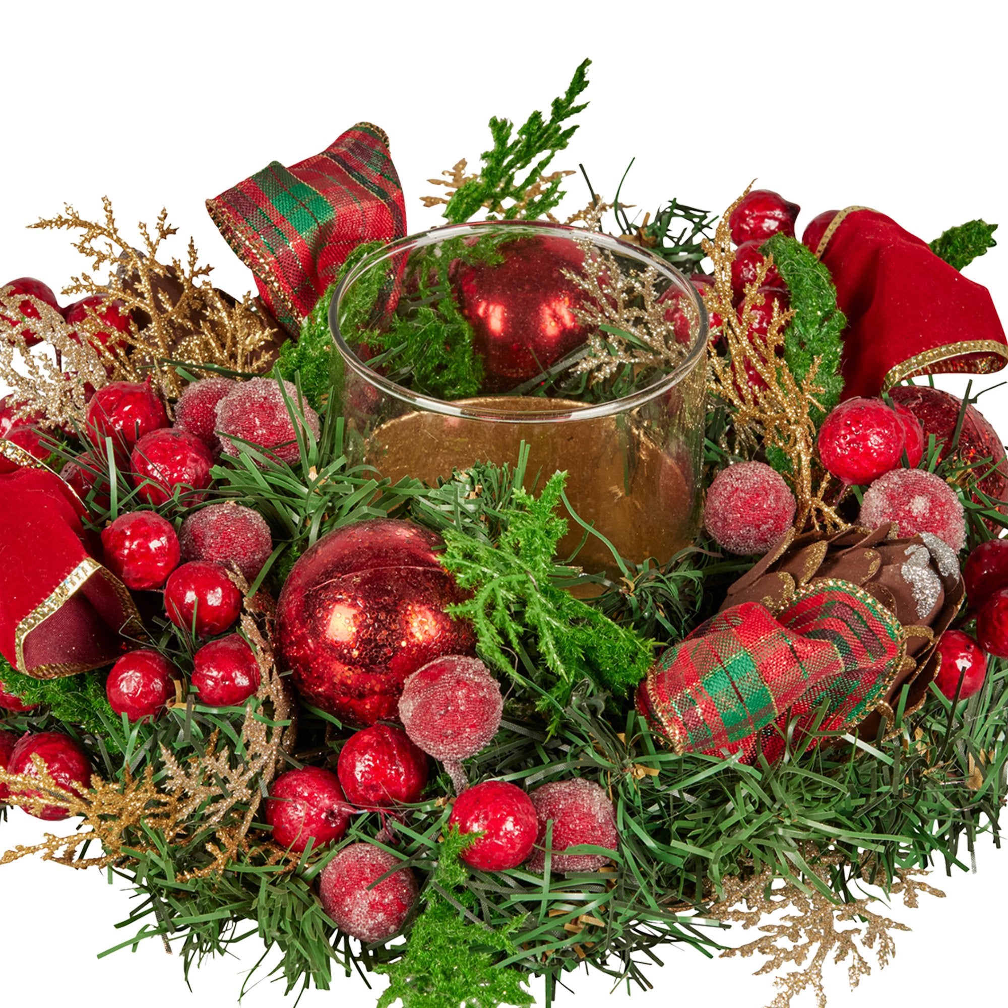 26cm Pre-Decorated Christmas Centrepiece with Candle Holder, Berries & Pine Cones