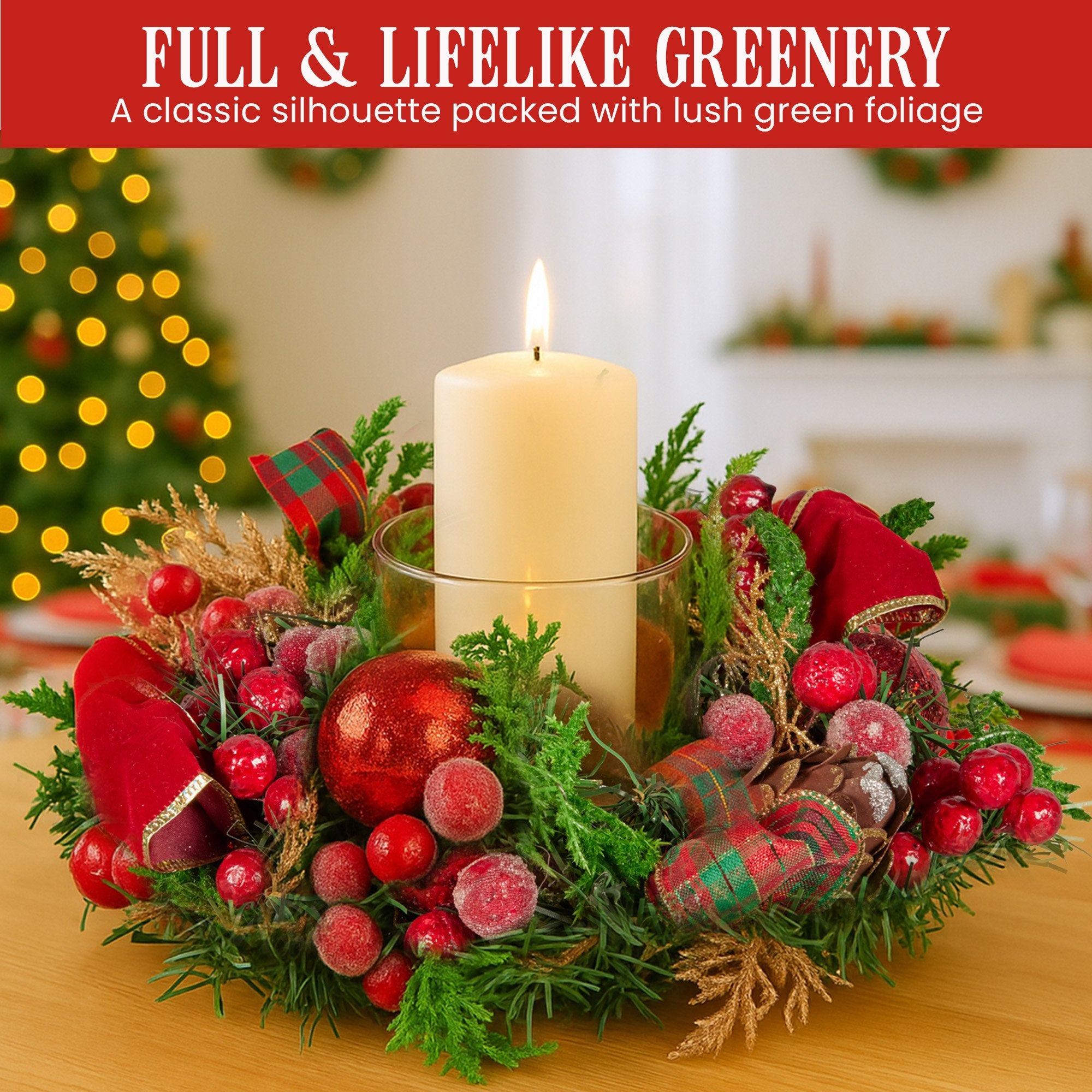 26cm Pre-Decorated Christmas Centrepiece with Candle Holder, Berries & Pine Cones