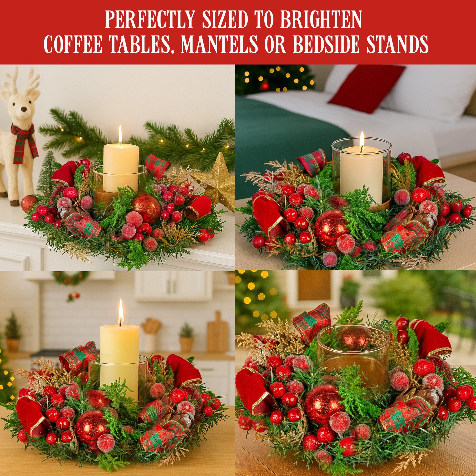 26cm Pre-Decorated Christmas Centrepiece with Candle Holder, Berries & Pine Cones