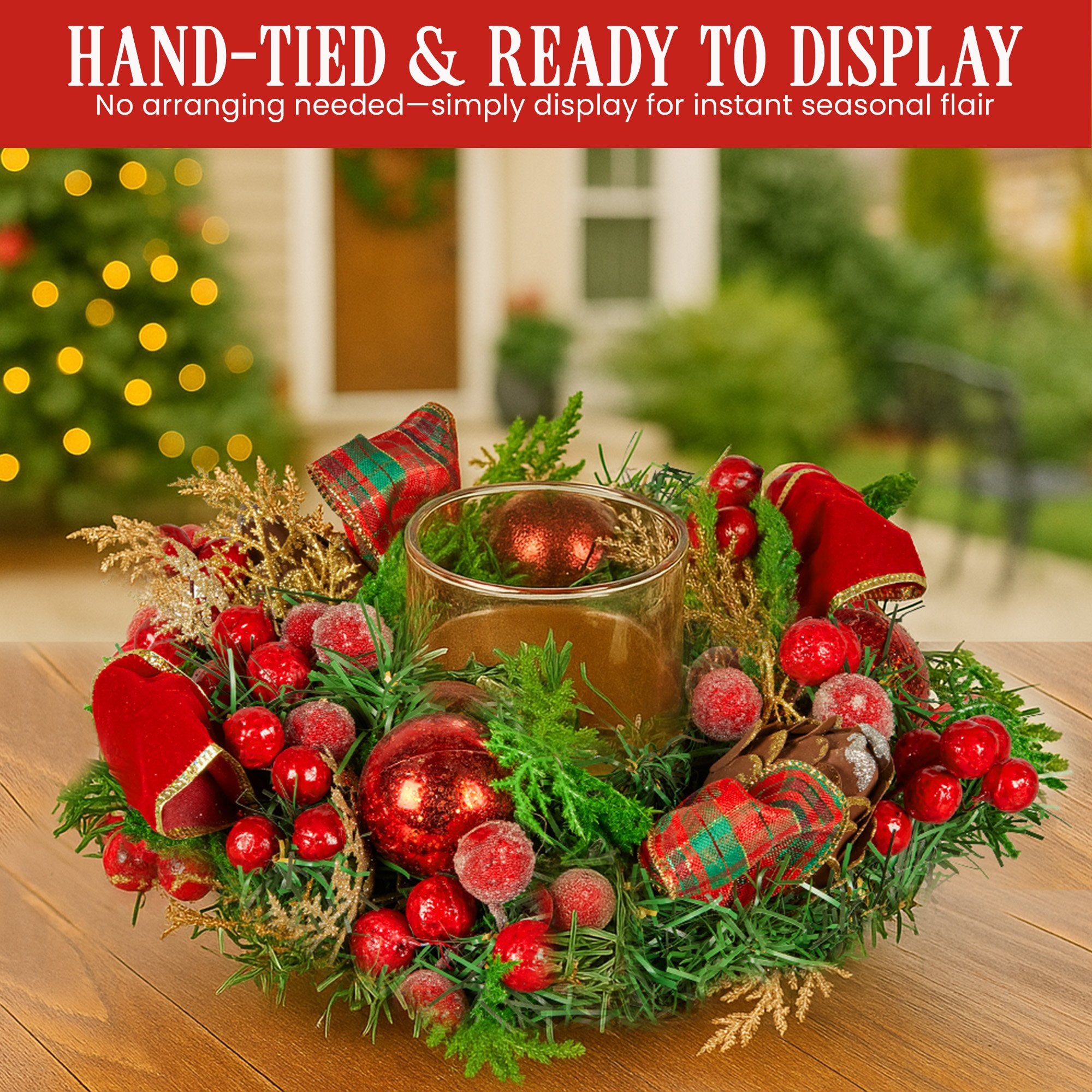 26cm Pre-Decorated Christmas Centrepiece with Candle Holder, Berries & Pine Cones