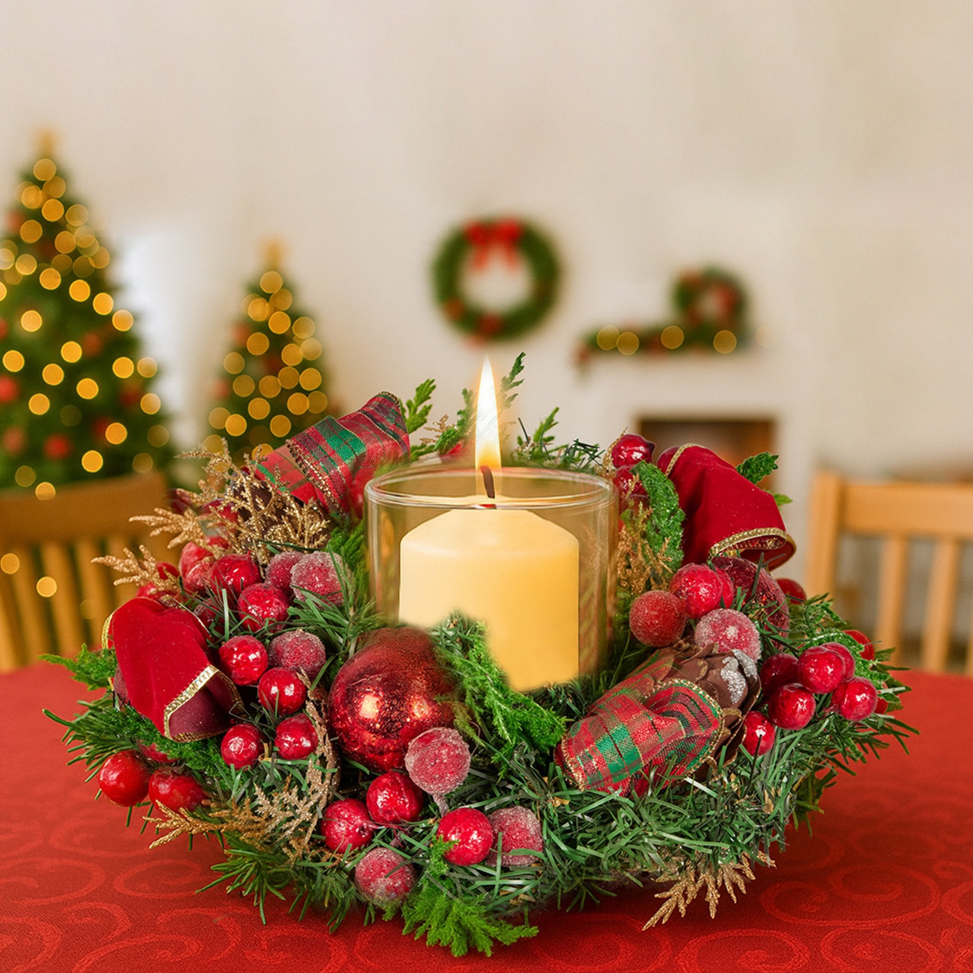 26cm Pre-Decorated Christmas Centrepiece with Candle Holder, Berries & Pine Cones