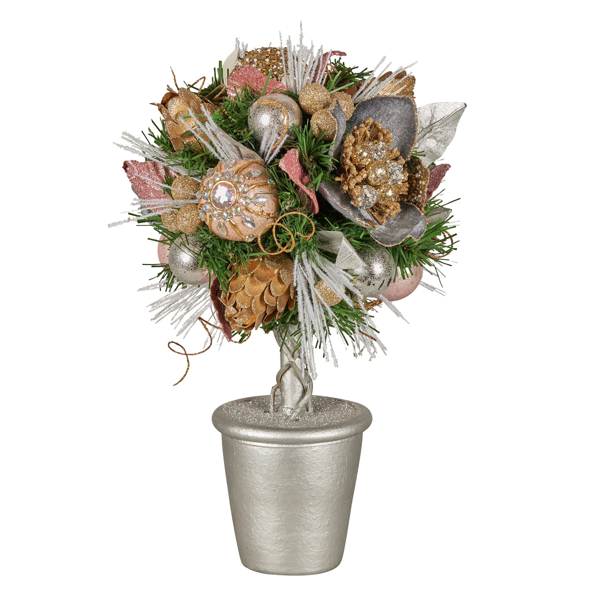 36cm Tabletop Christmas Topiary Tree – Jewelled Baubles, Berries & Pine Cones