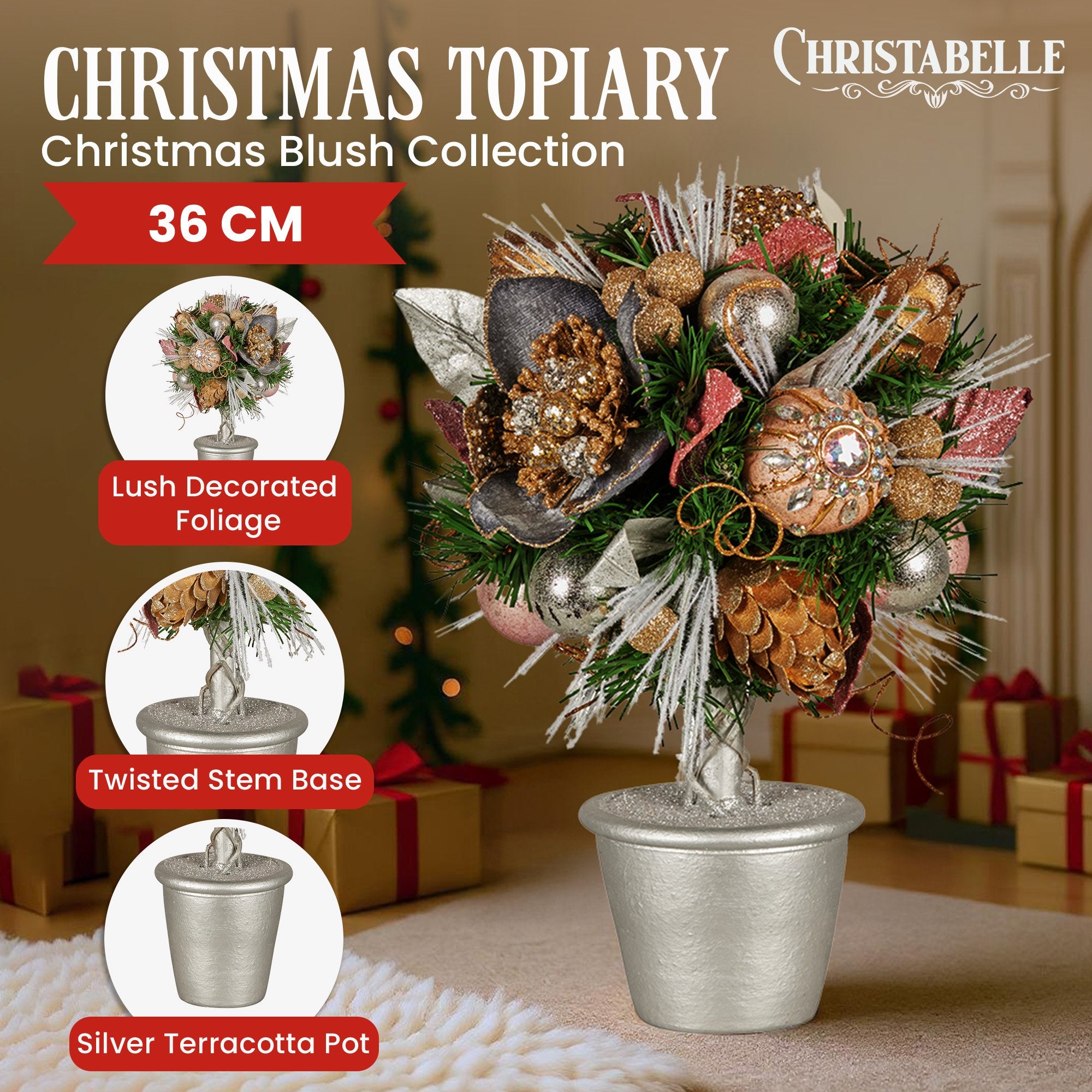 36cm Tabletop Christmas Topiary Tree – Jewelled Baubles, Berries & Pine Cones