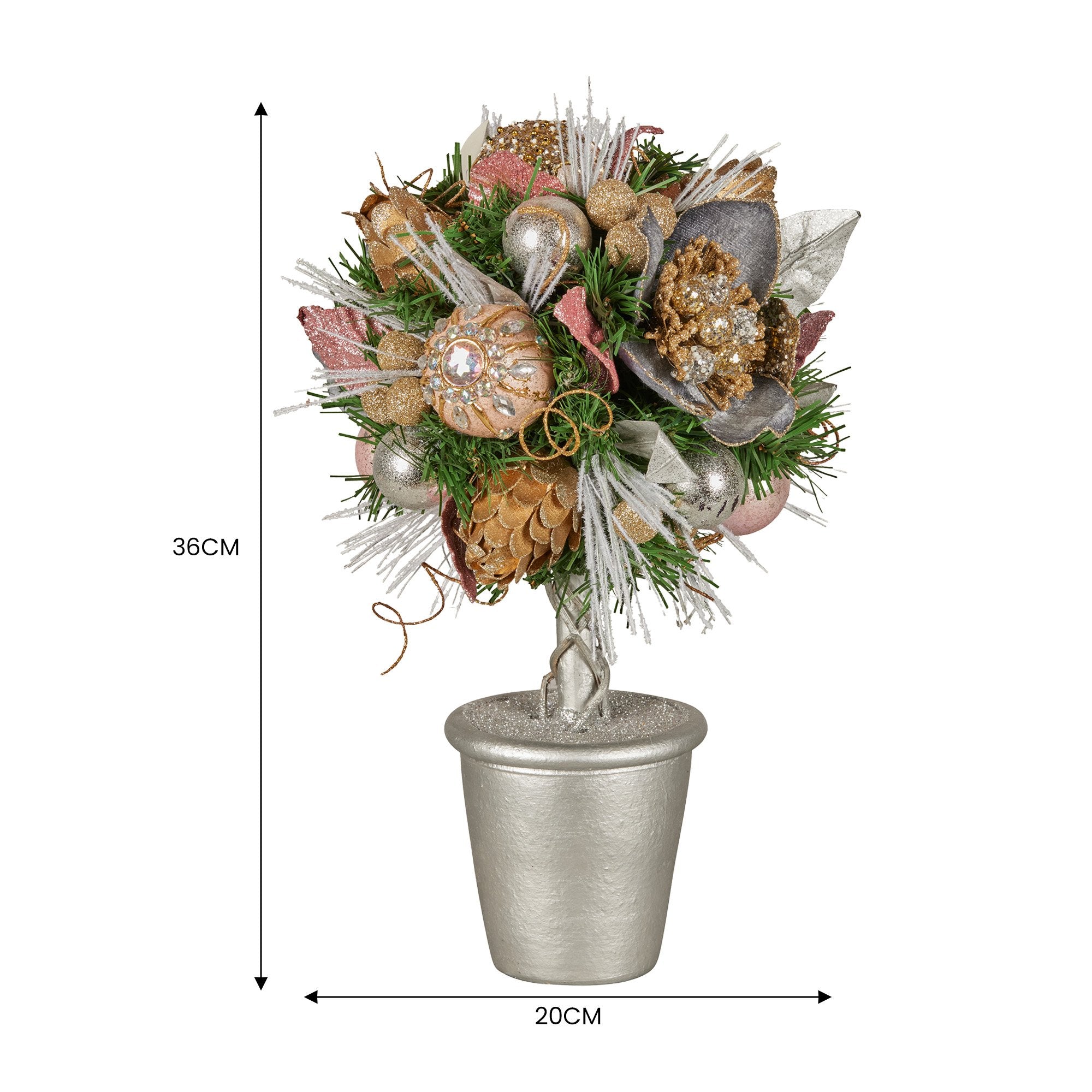 36cm Tabletop Christmas Topiary Tree – Jewelled Baubles, Berries & Pine Cones