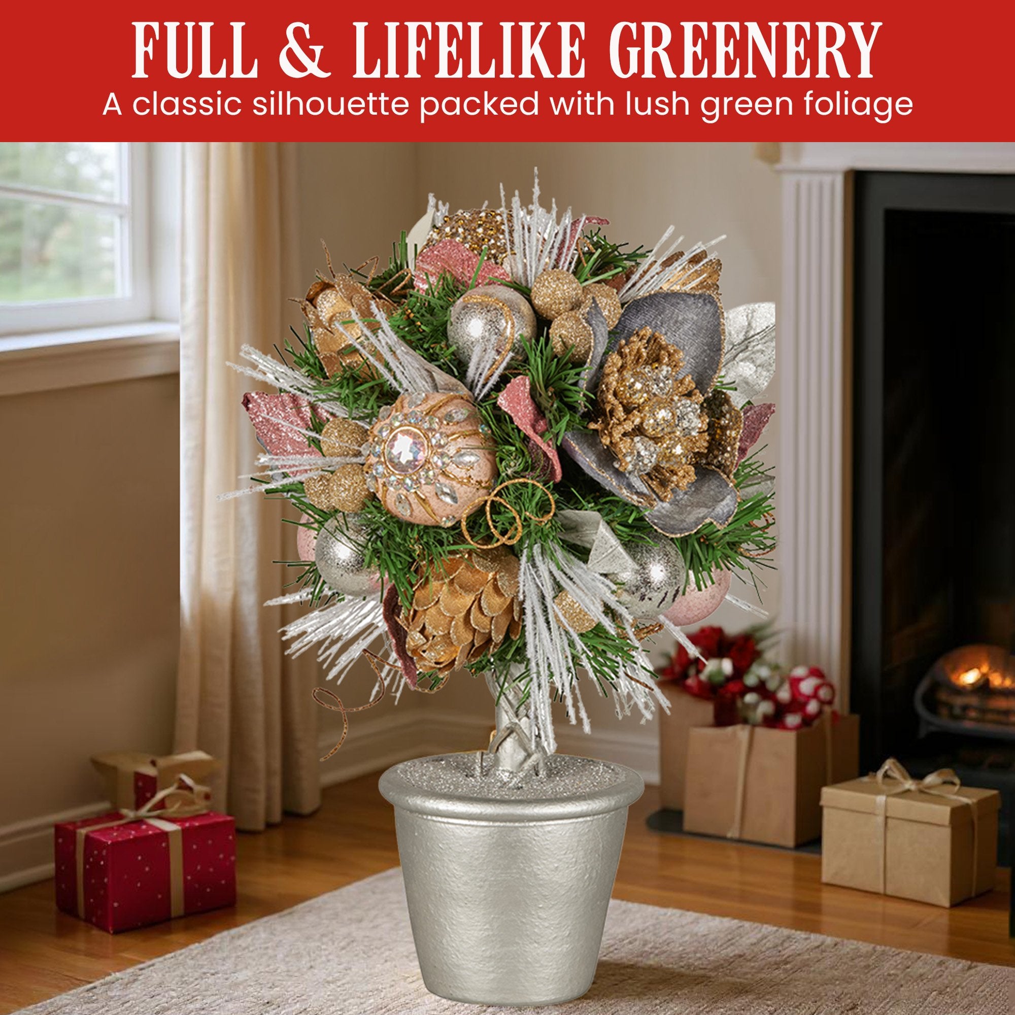 36cm Tabletop Christmas Topiary Tree – Jewelled Baubles, Berries & Pine Cones