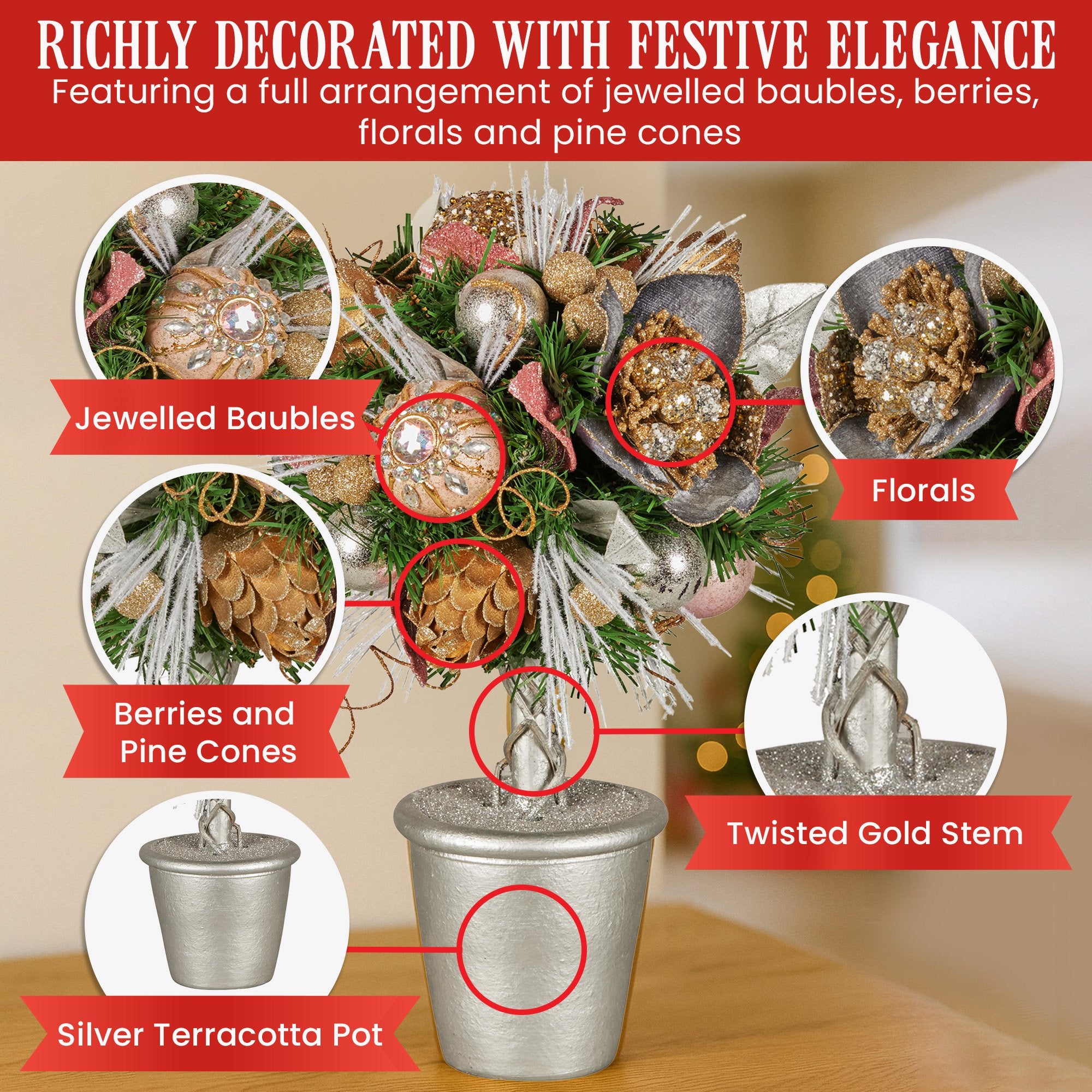 36cm Tabletop Christmas Topiary Tree – Jewelled Baubles, Berries & Pine Cones