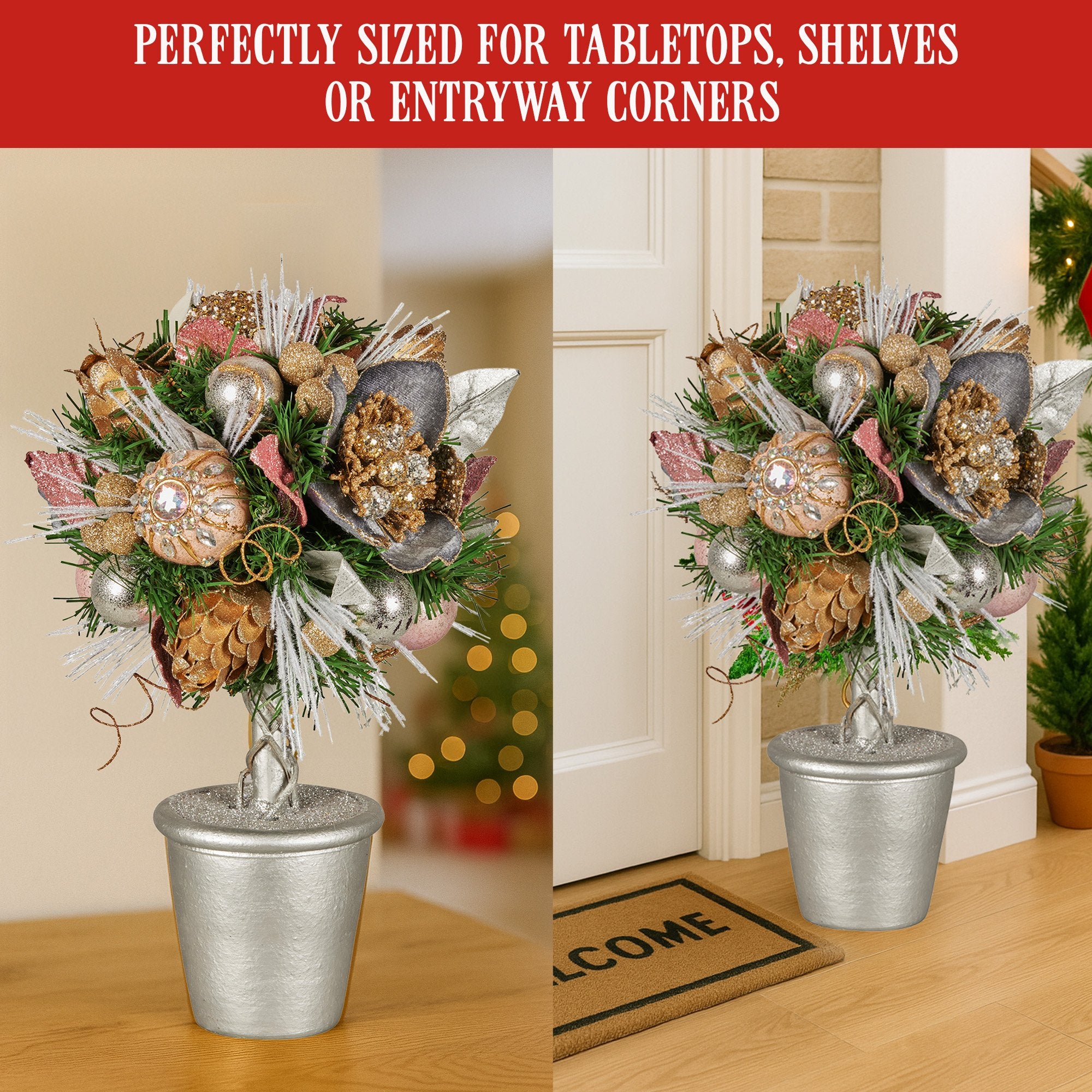 36cm Tabletop Christmas Topiary Tree – Jewelled Baubles, Berries & Pine Cones