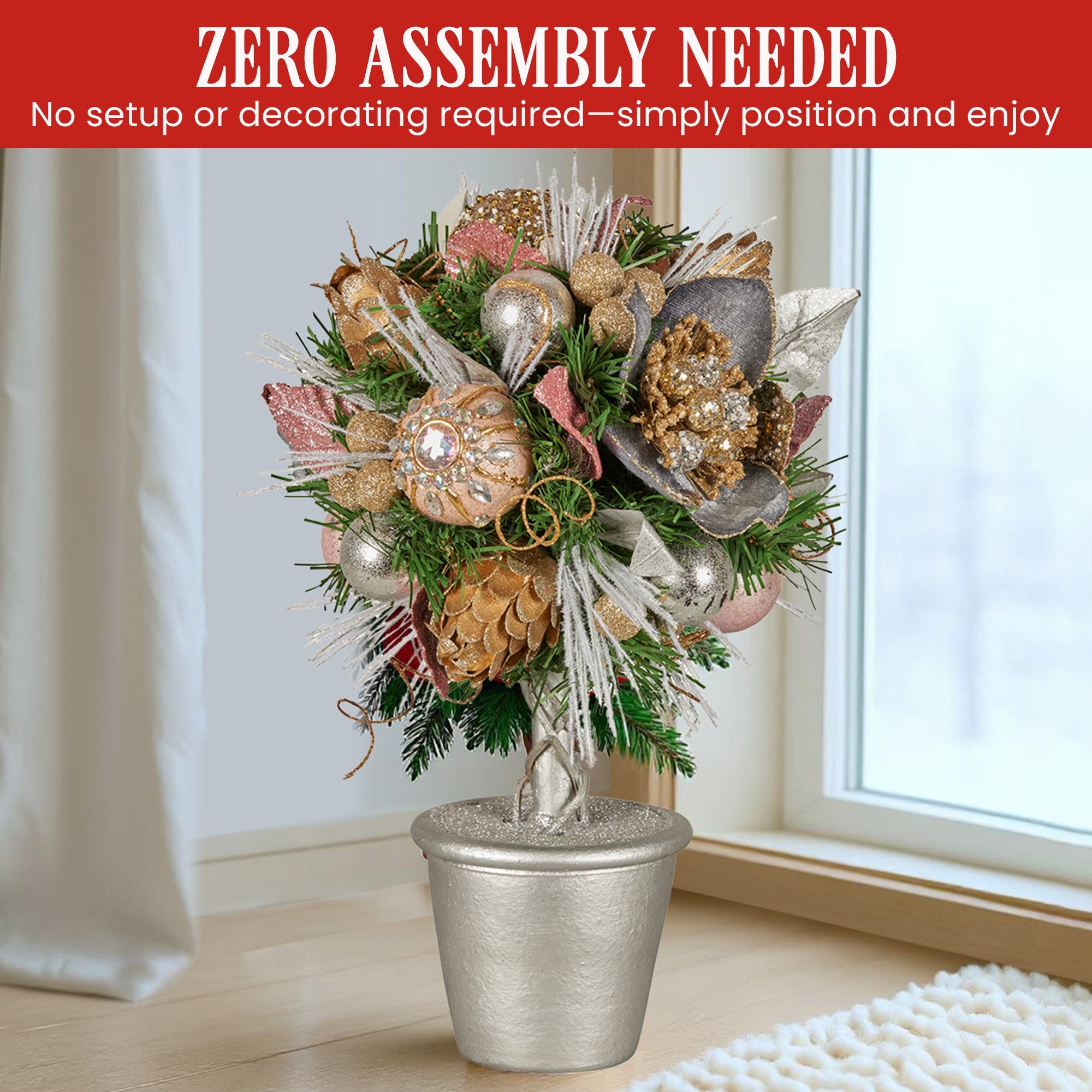 36cm Tabletop Christmas Topiary Tree – Jewelled Baubles, Berries & Pine Cones