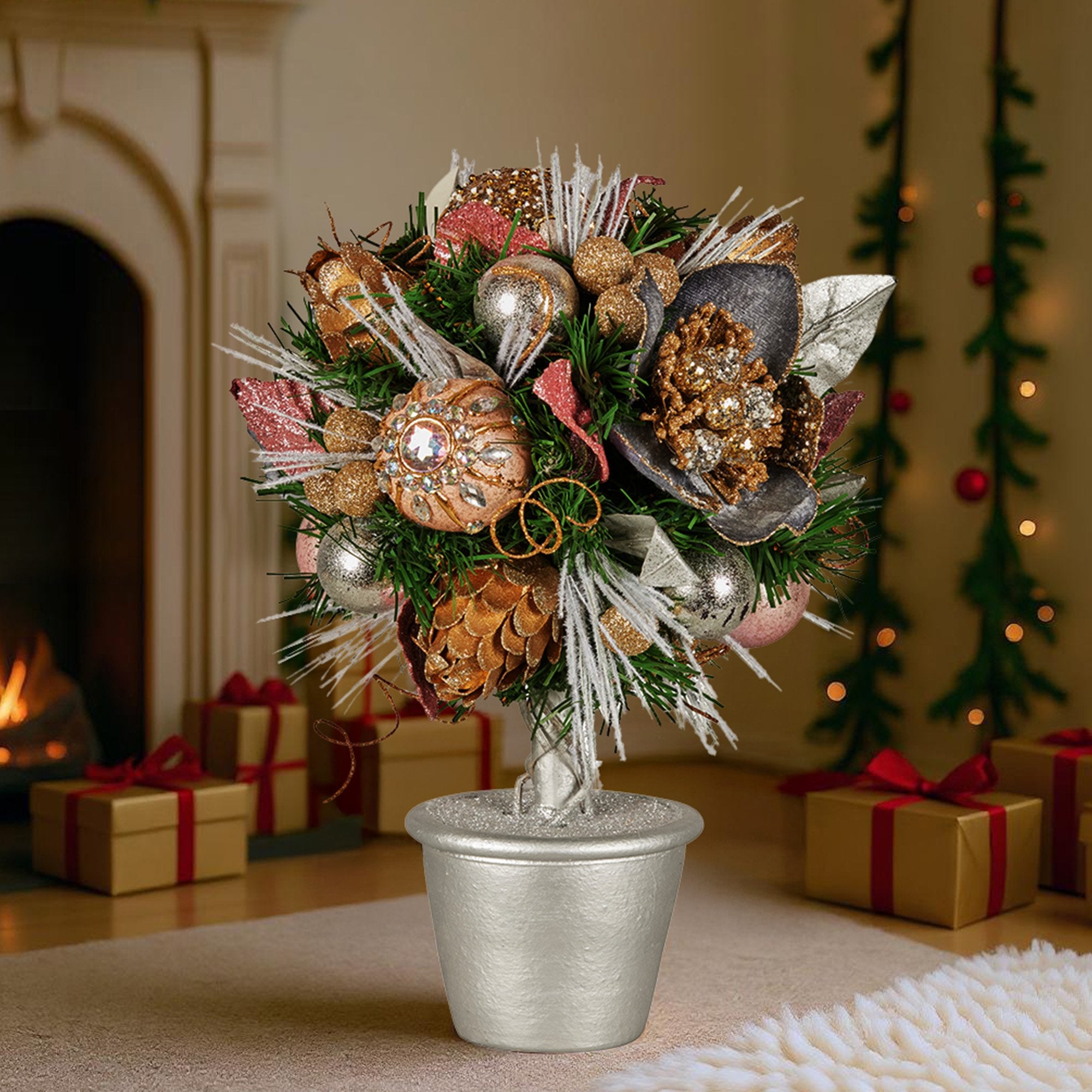 36cm Tabletop Christmas Topiary Tree – Jewelled Baubles, Berries & Pine Cones