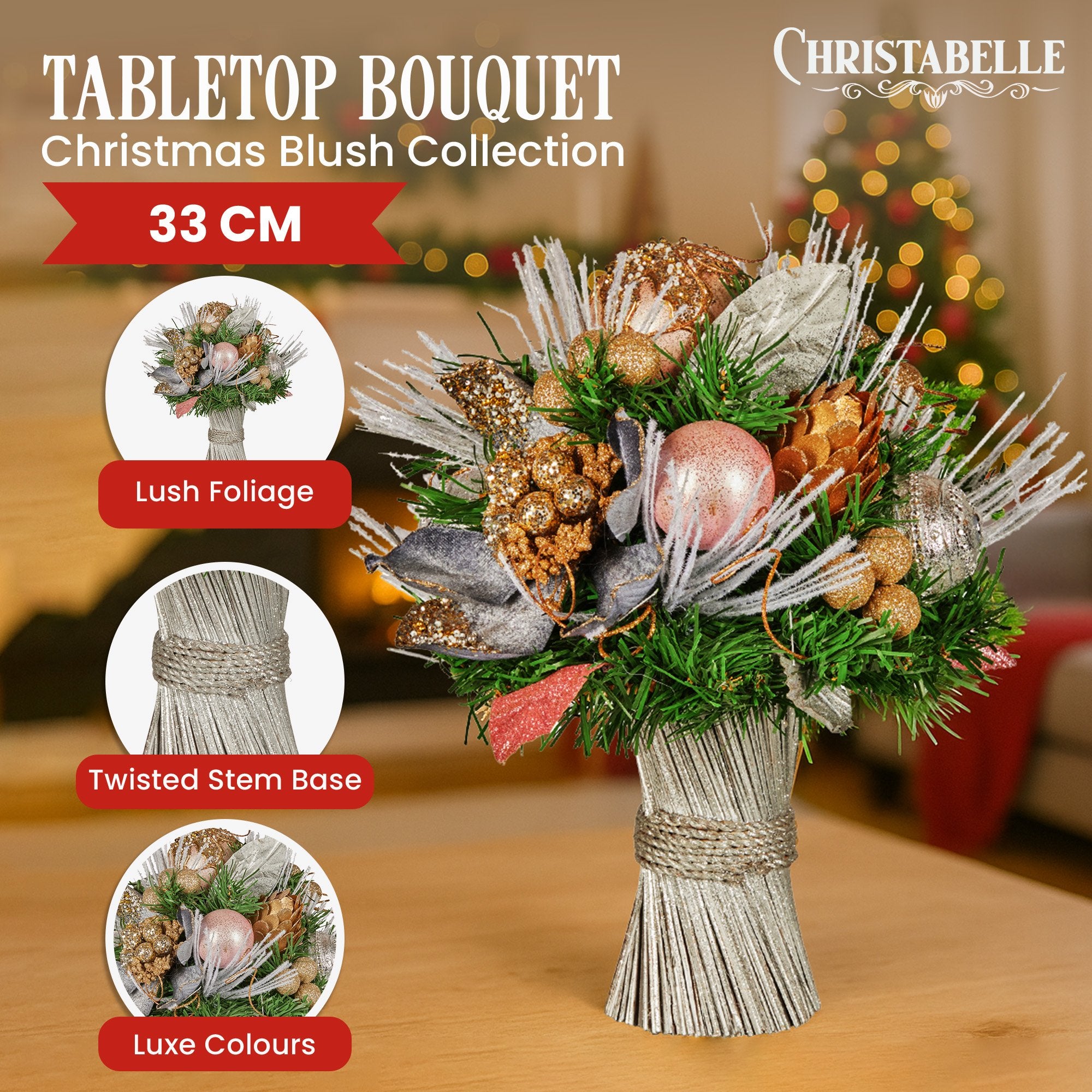 33cm Christmas Bouquet – Jewelled Baubles, Berries, Flowers & Pine Cones