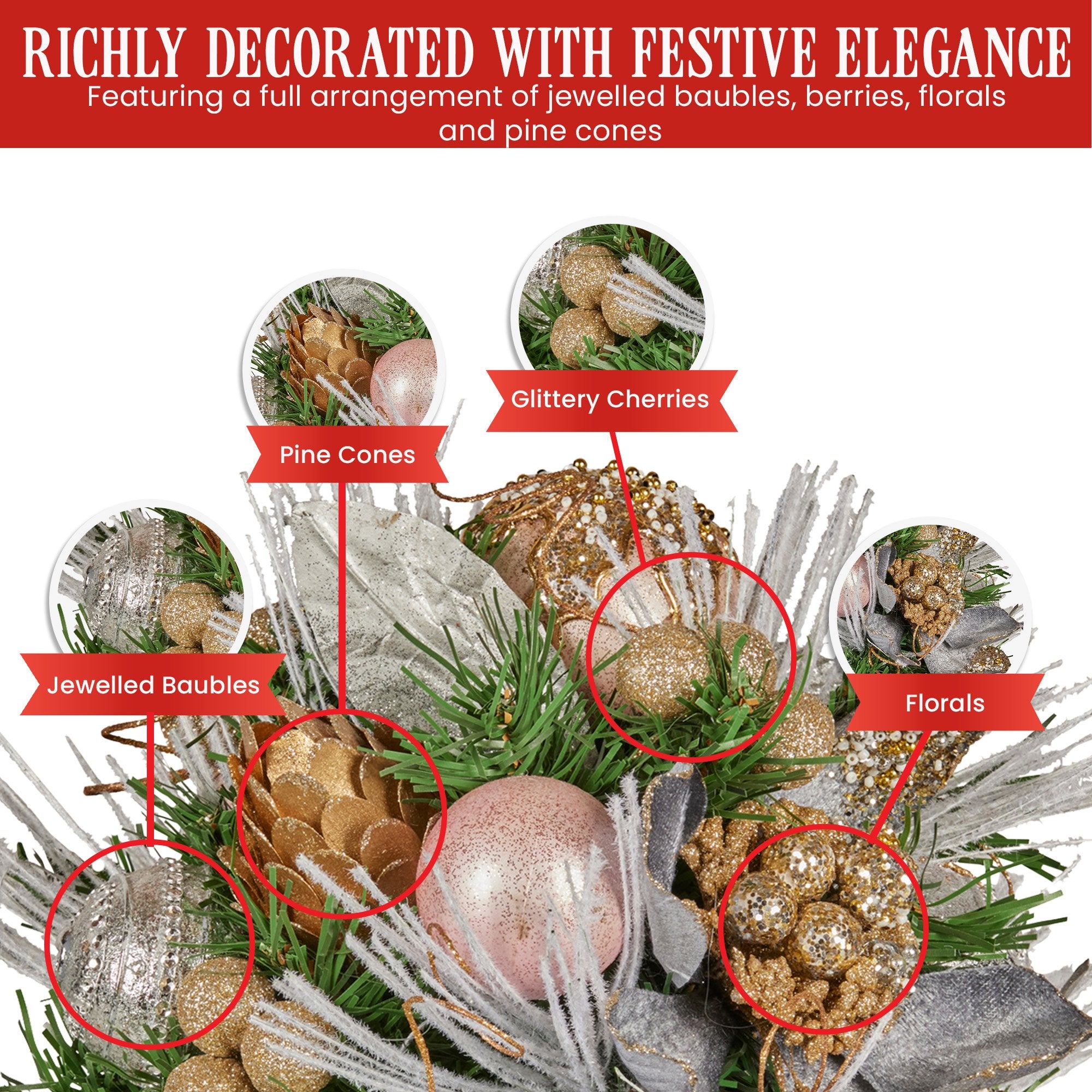 33cm Christmas Bouquet – Jewelled Baubles, Berries, Flowers & Pine Cones