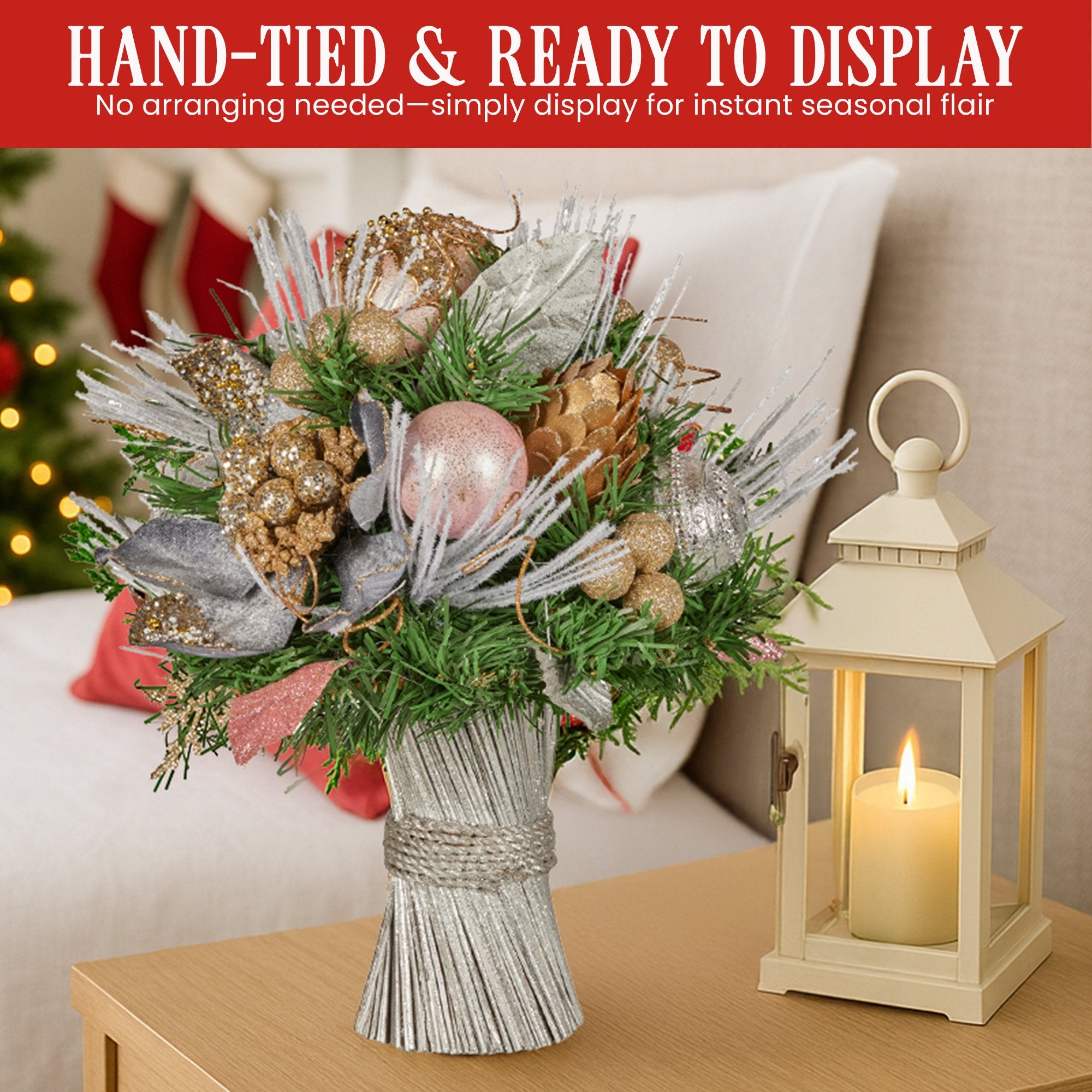 33cm Christmas Bouquet – Jewelled Baubles, Berries, Flowers & Pine Cones