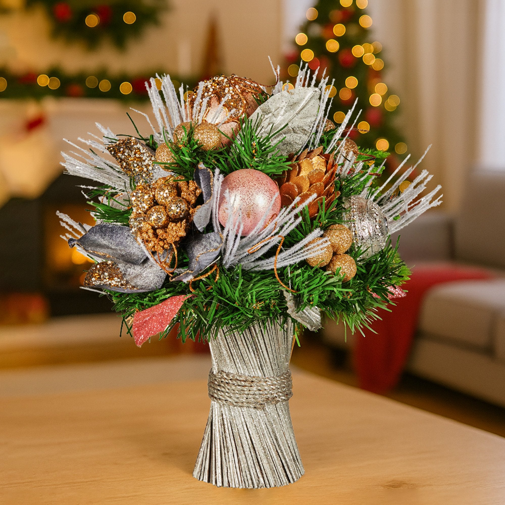 33cm Christmas Bouquet – Jewelled Baubles, Berries, Flowers & Pine Cones