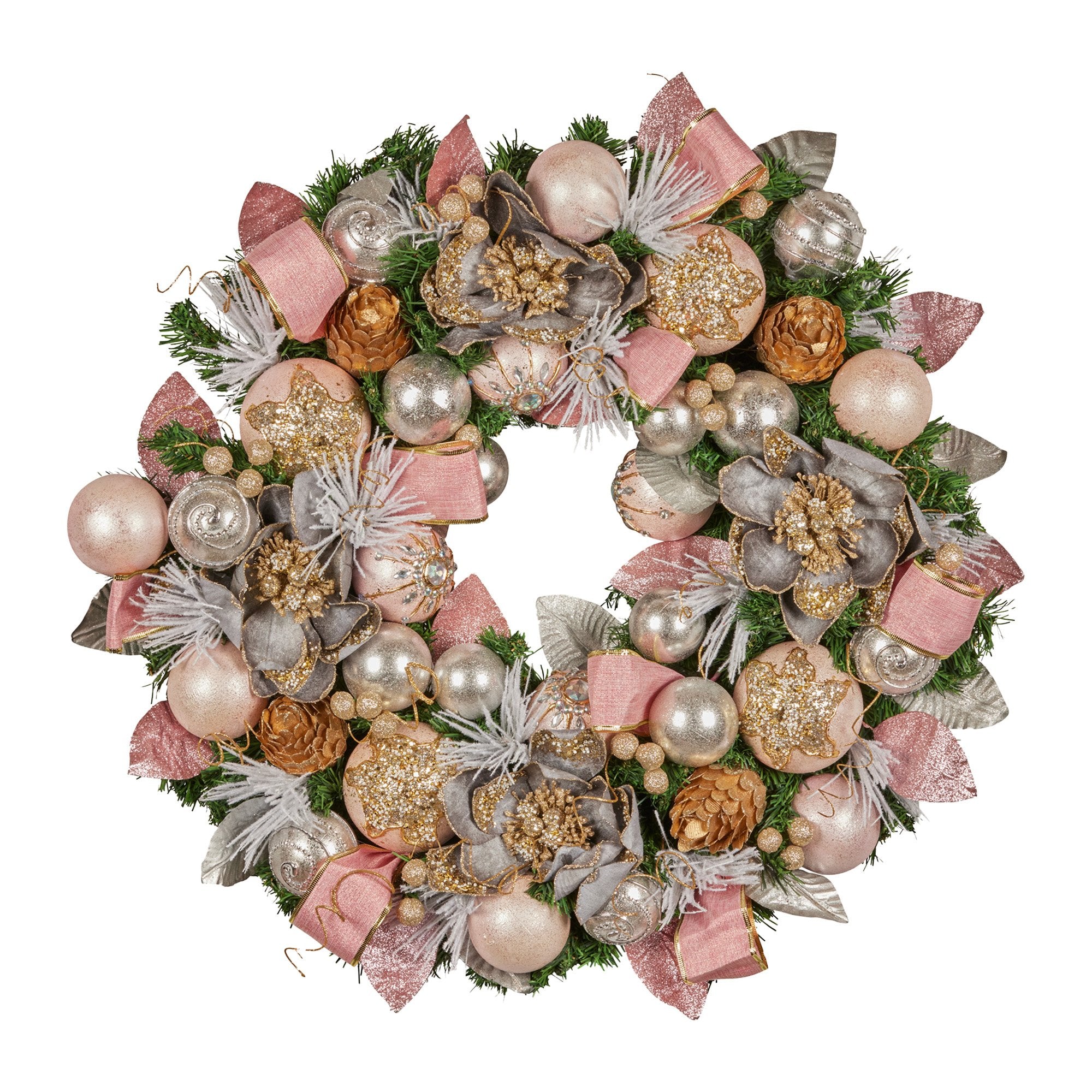 71CM Pre-Decorated Christmas Wreath – Baubles, Flowers, Ribbon & Berries