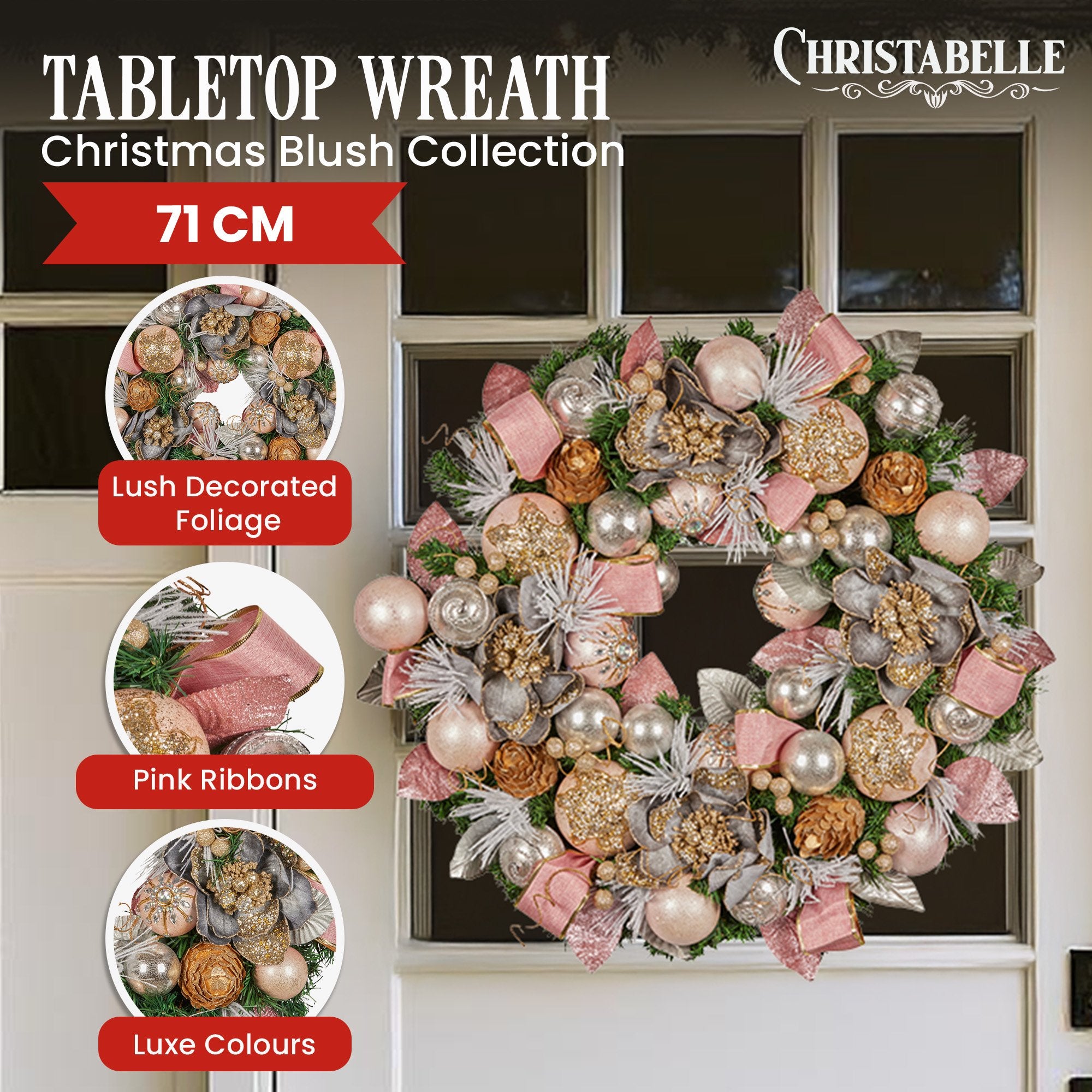71CM Pre-Decorated Christmas Wreath – Baubles, Flowers, Ribbon & Berries