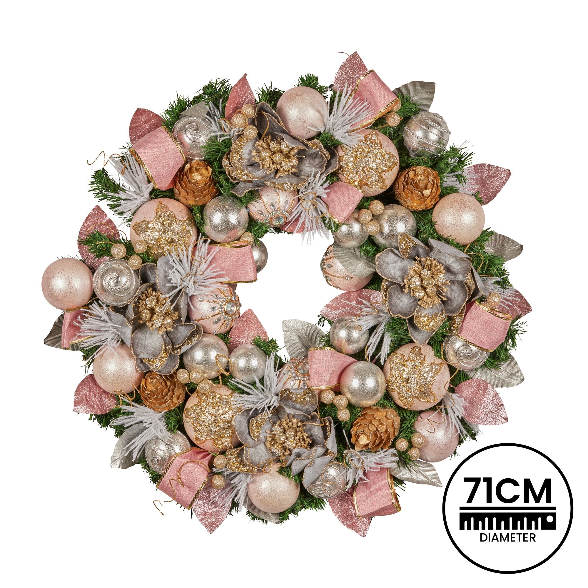 71CM Pre-Decorated Christmas Wreath – Baubles, Flowers, Ribbon & Berries