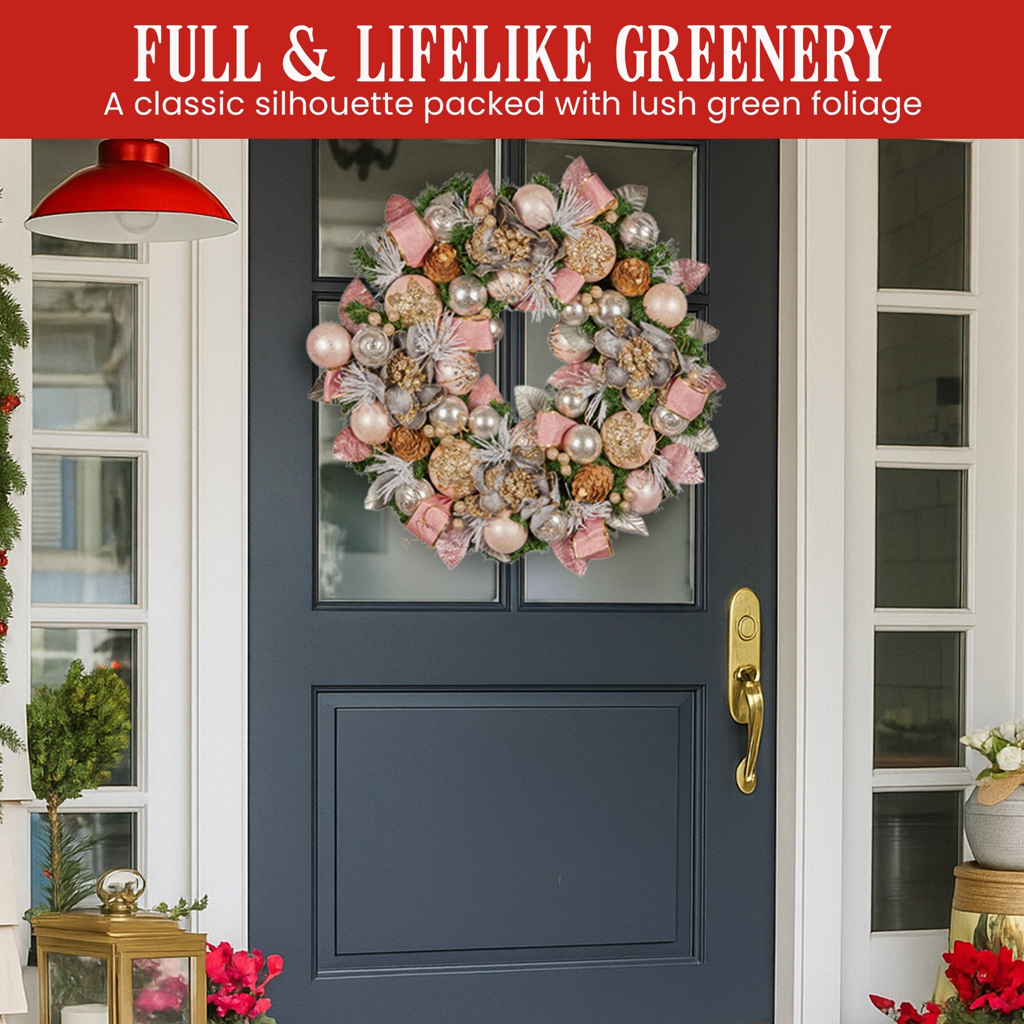 71CM Pre-Decorated Christmas Wreath – Baubles, Flowers, Ribbon & Berries