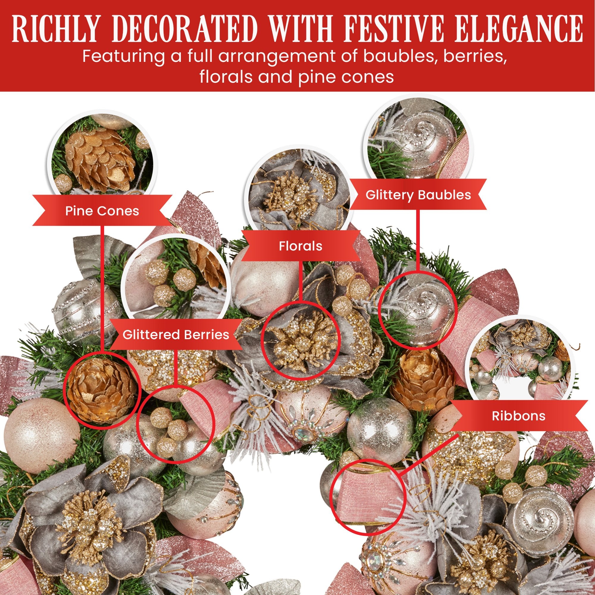 71CM Pre-Decorated Christmas Wreath – Baubles, Flowers, Ribbon & Berries