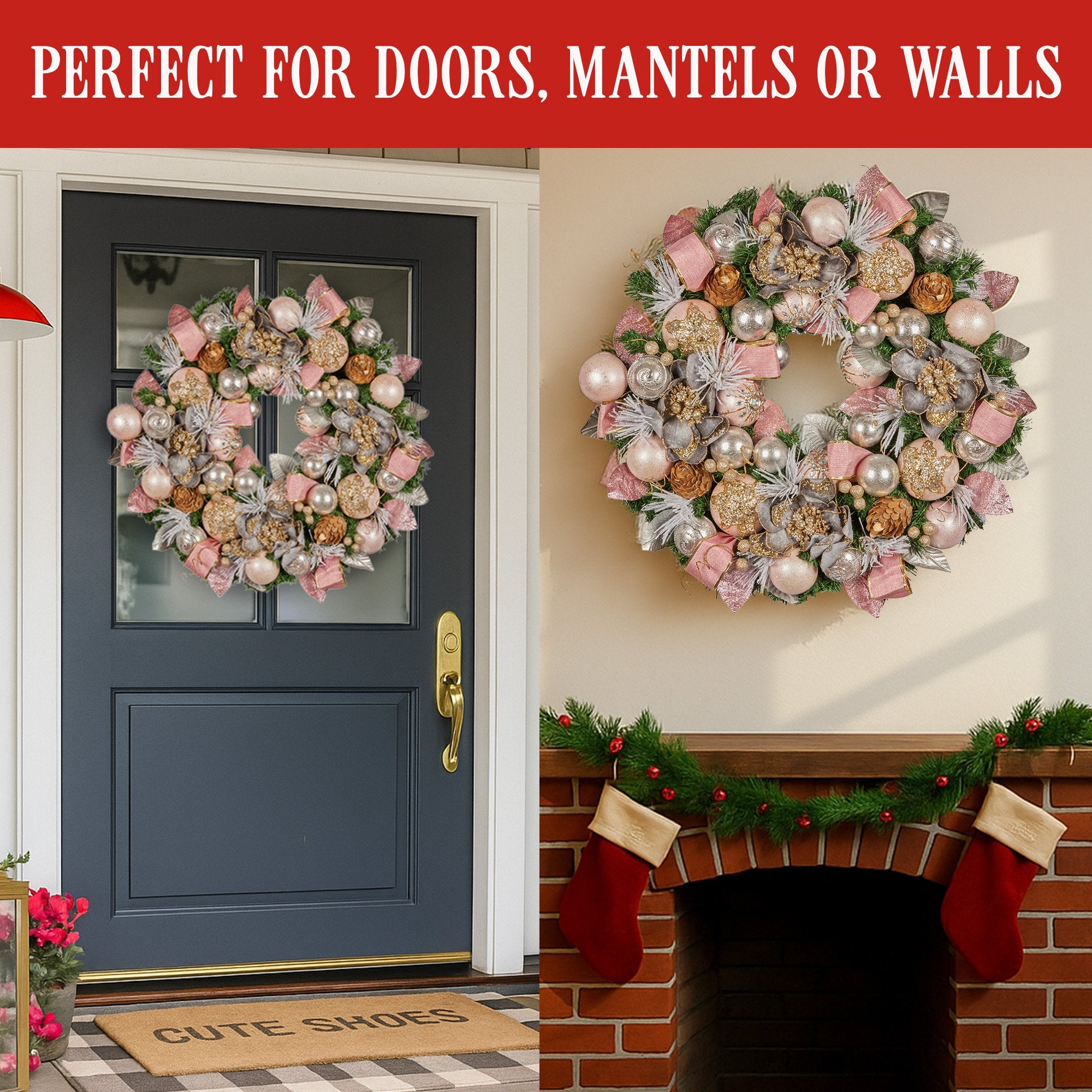 71CM Pre-Decorated Christmas Wreath – Baubles, Flowers, Ribbon & Berries