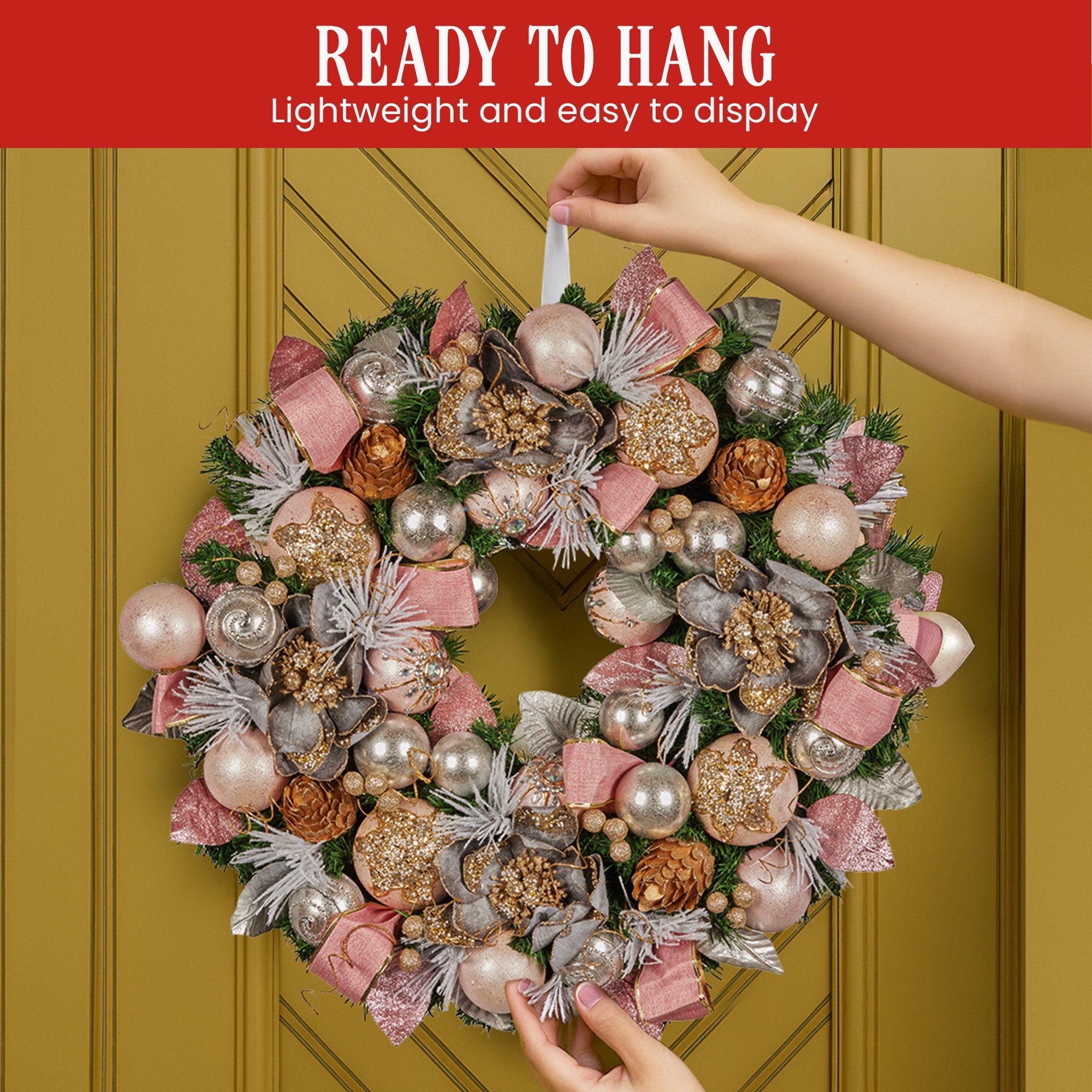 71CM Pre-Decorated Christmas Wreath – Baubles, Flowers, Ribbon & Berries