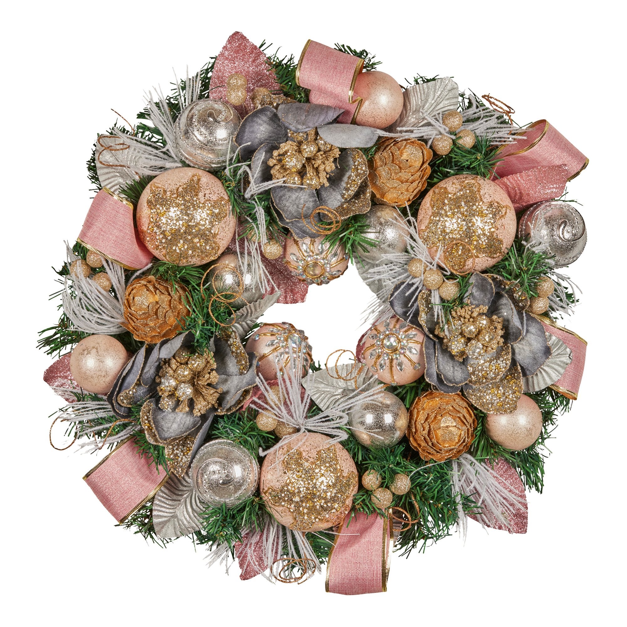 56CM Pre-Decorated Christmas Wreath – Baubles, Flowers, Ribbon &amp; Pine Cones