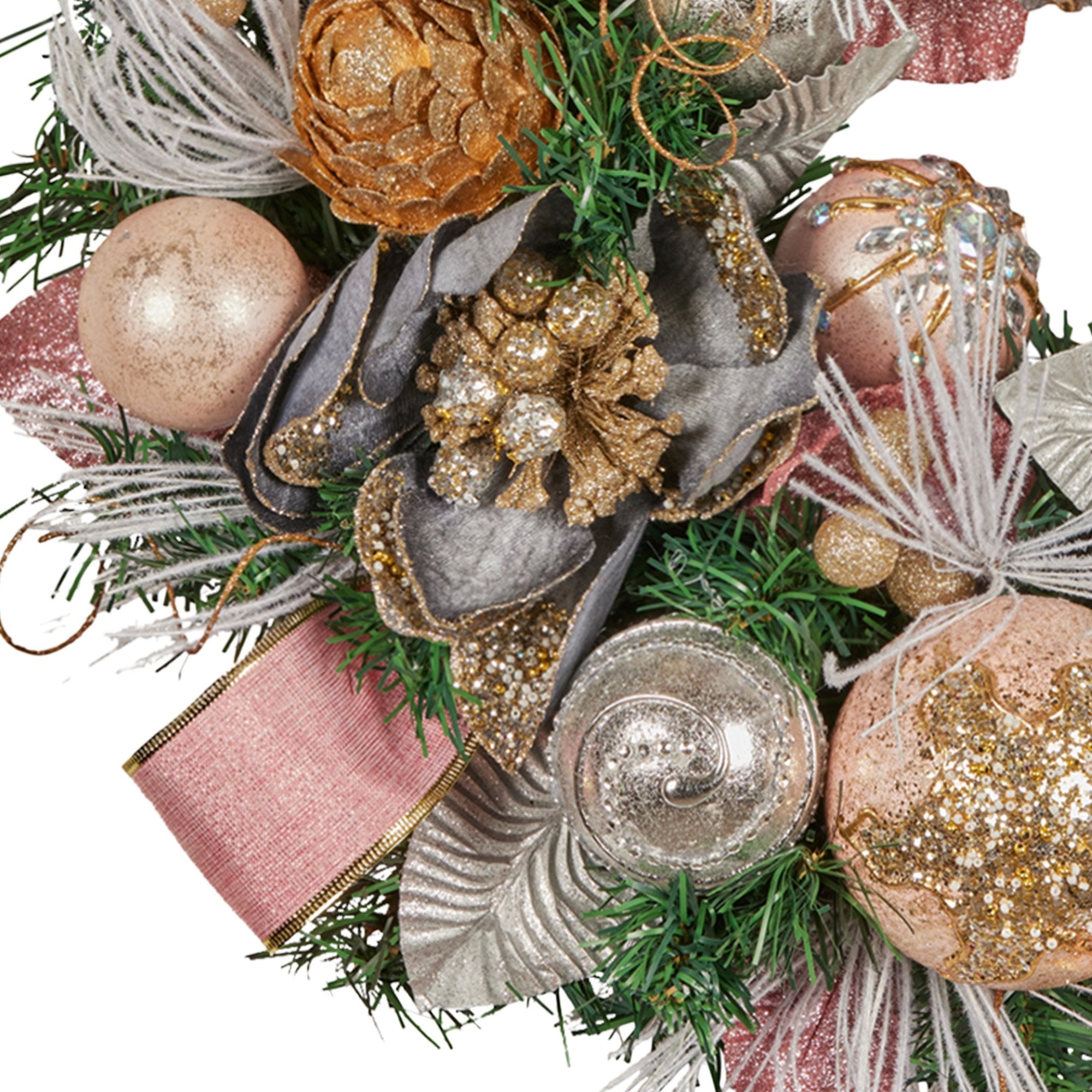 56CM Pre-Decorated Christmas Wreath – Baubles, Flowers, Ribbon &amp; Pine Cones