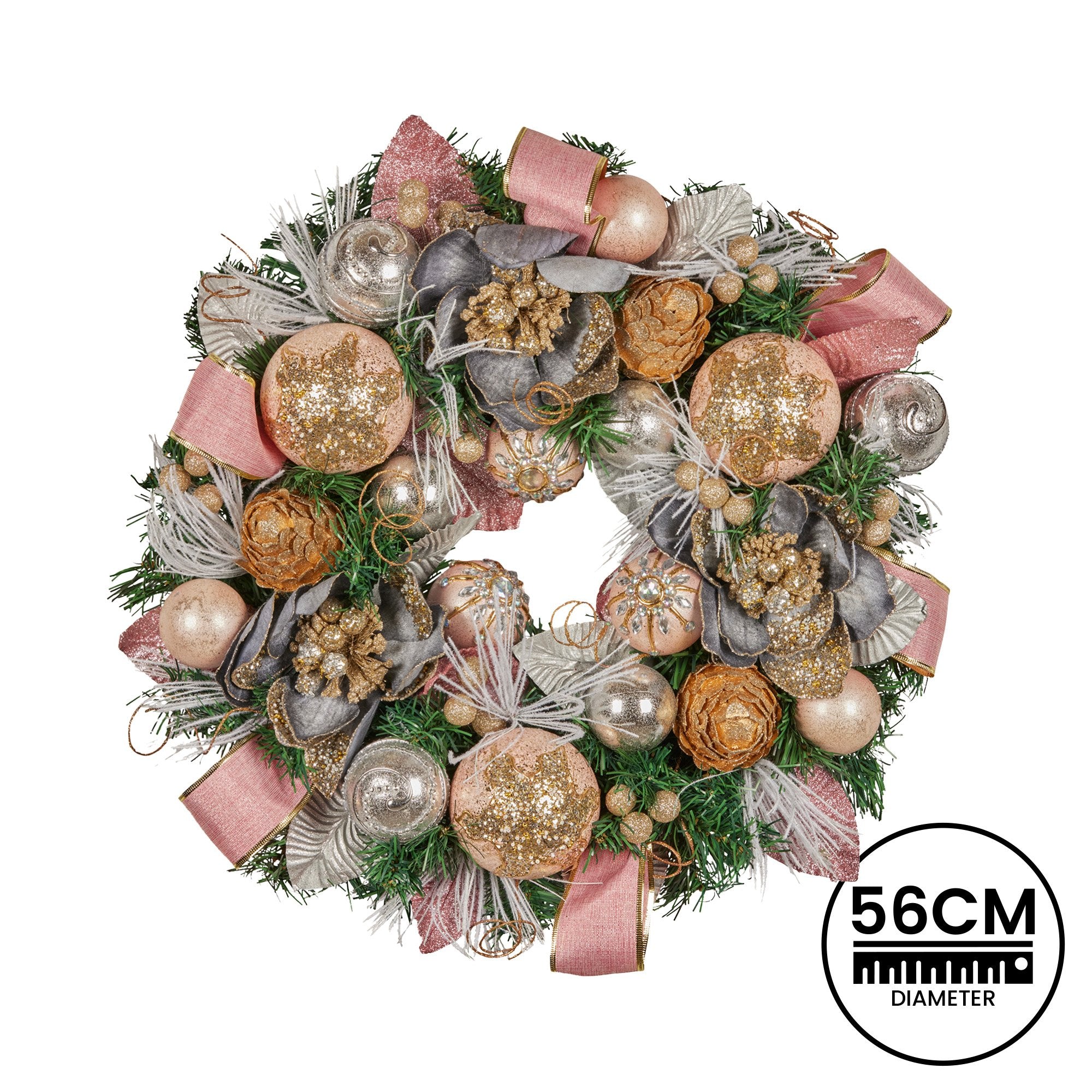 56CM Pre-Decorated Christmas Wreath – Baubles, Flowers, Ribbon &amp; Pine Cones