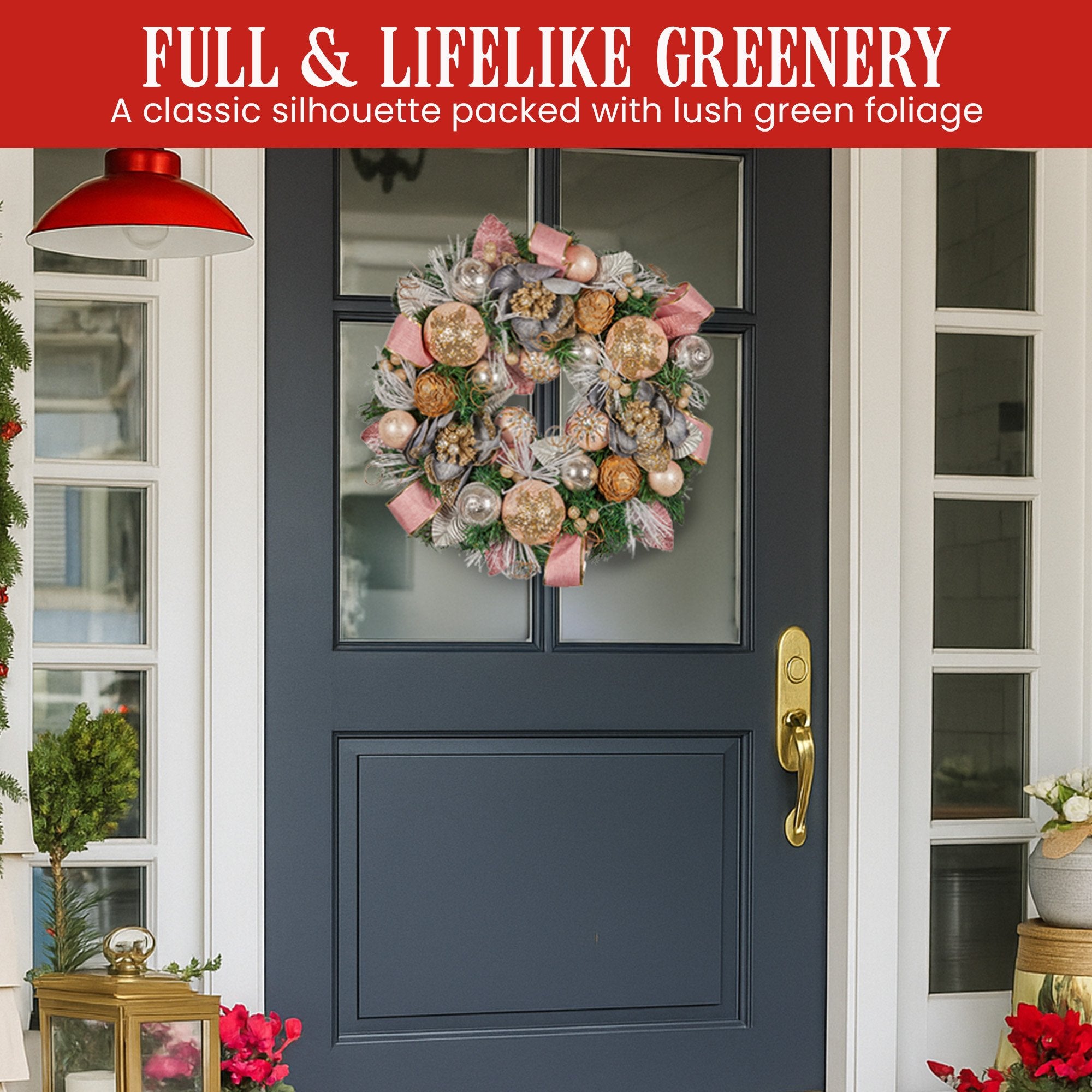 56CM Pre-Decorated Christmas Wreath – Baubles, Flowers, Ribbon &amp; Pine Cones