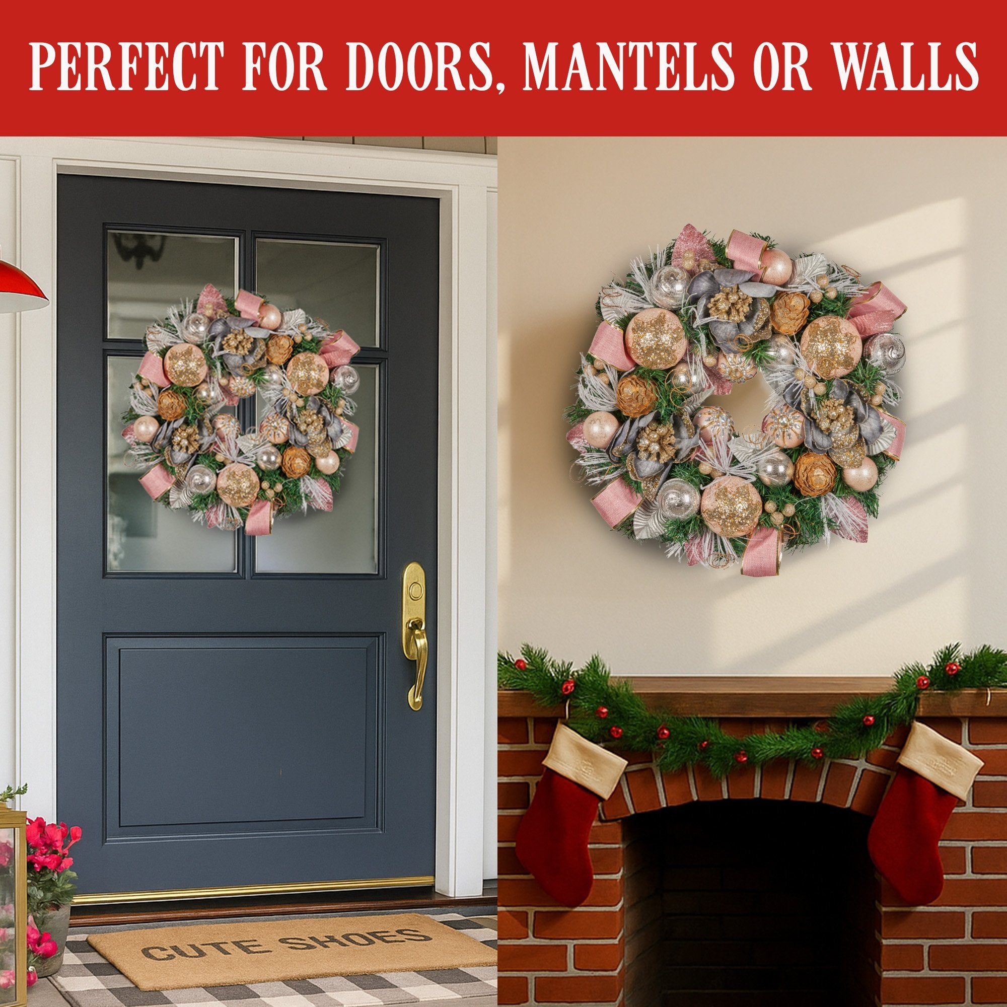 56CM Pre-Decorated Christmas Wreath – Baubles, Flowers, Ribbon &amp; Pine Cones