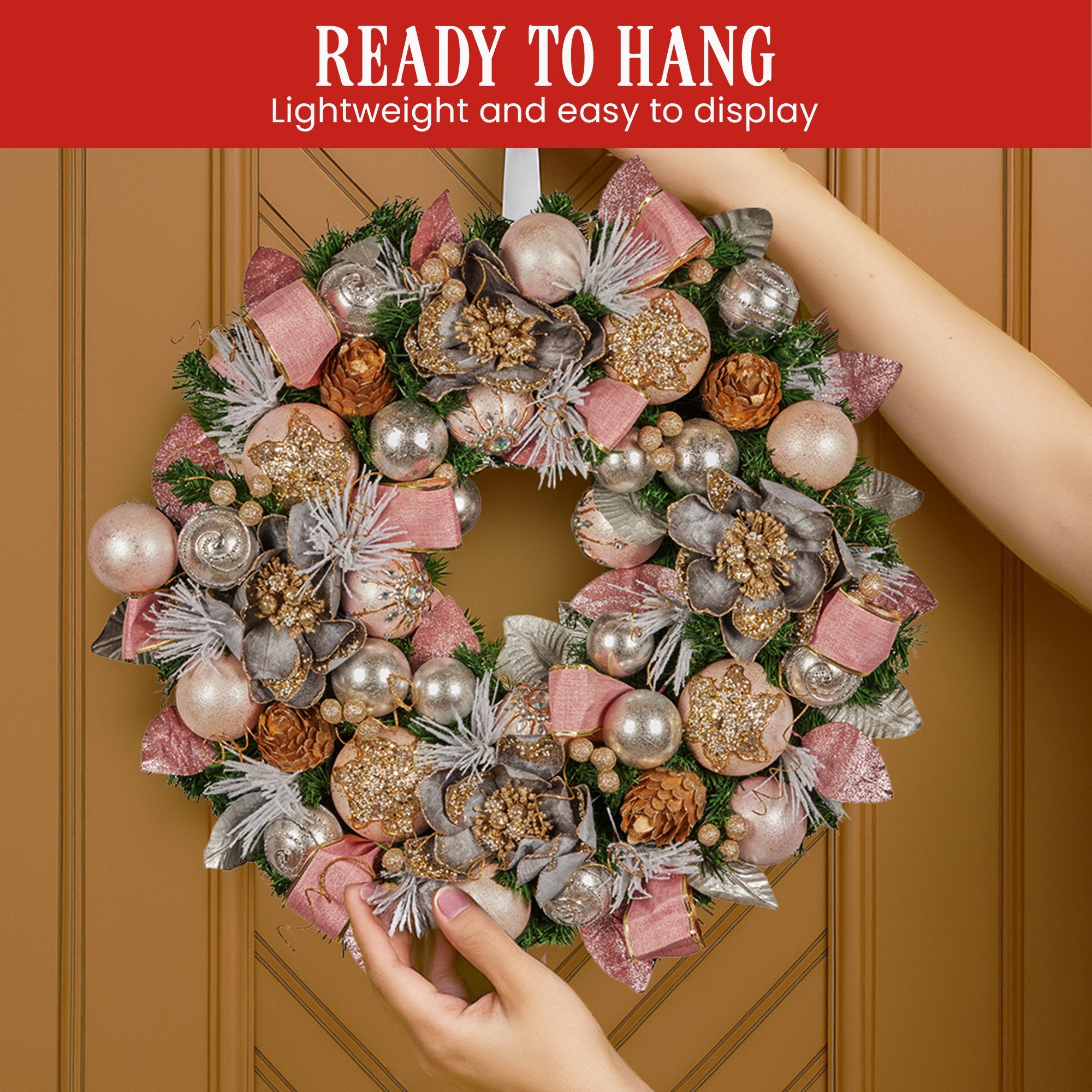 56CM Pre-Decorated Christmas Wreath – Baubles, Flowers, Ribbon &amp; Pine Cones
