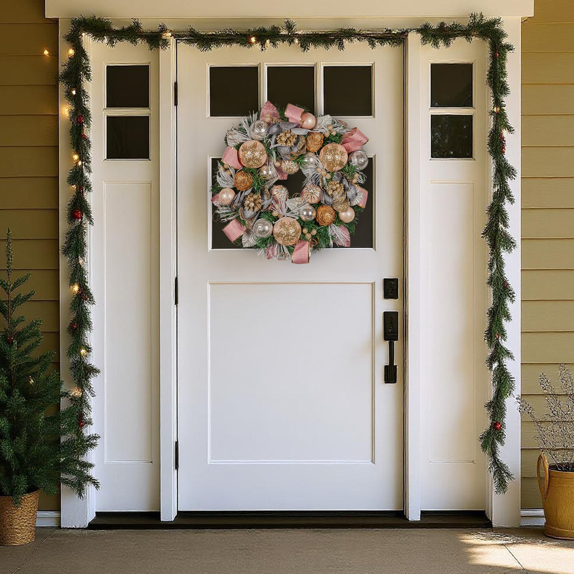 56CM Pre-Decorated Christmas Wreath – Baubles, Flowers, Ribbon &amp; Pine Cones