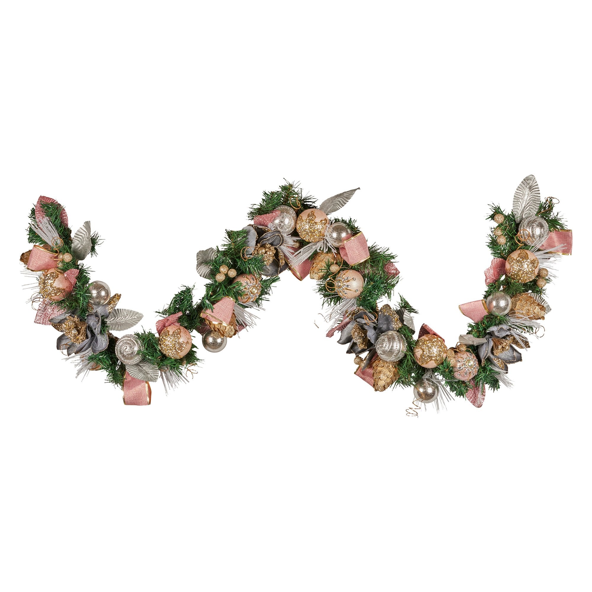 1.8M Pre-Decorated Christmas Garland – Baubles, Flowers, Ribbon & Berries