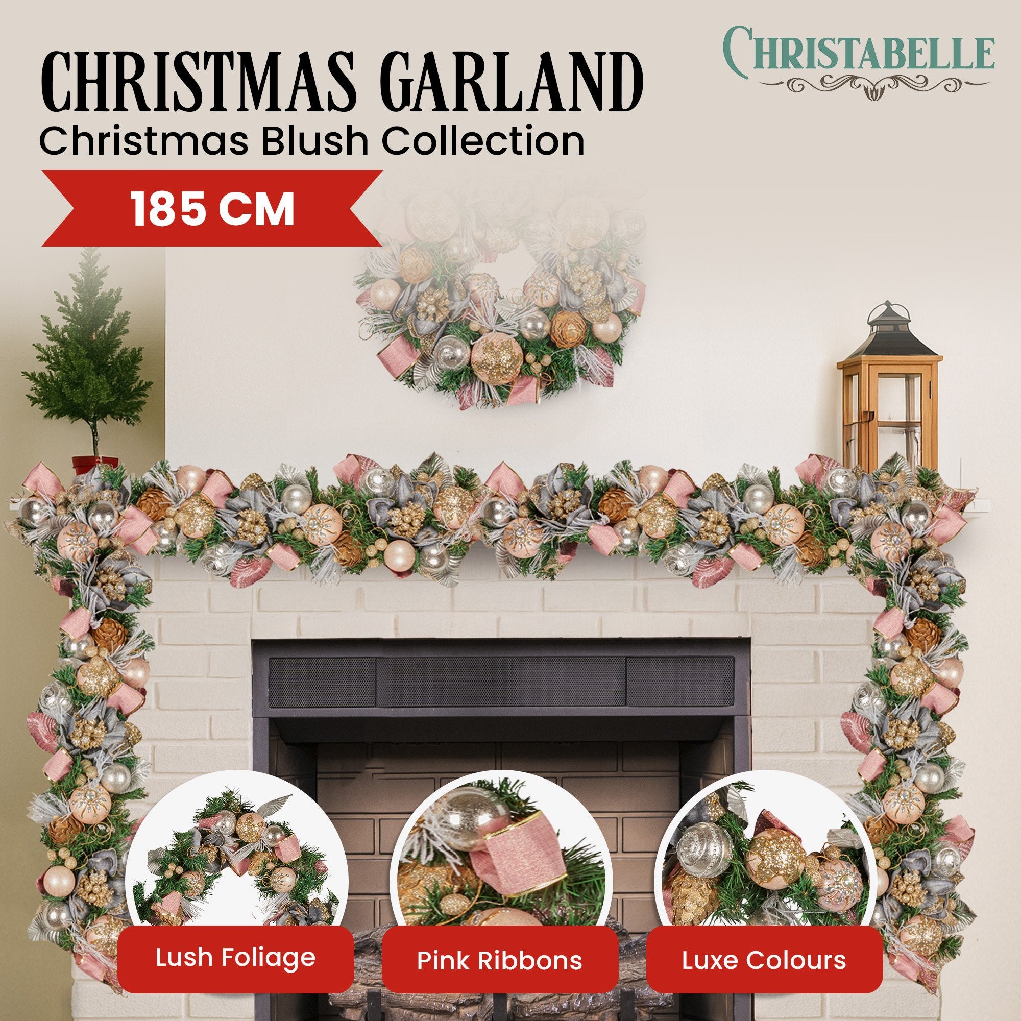 1.8M Pre-Decorated Christmas Garland – Baubles, Flowers, Ribbon & Berries