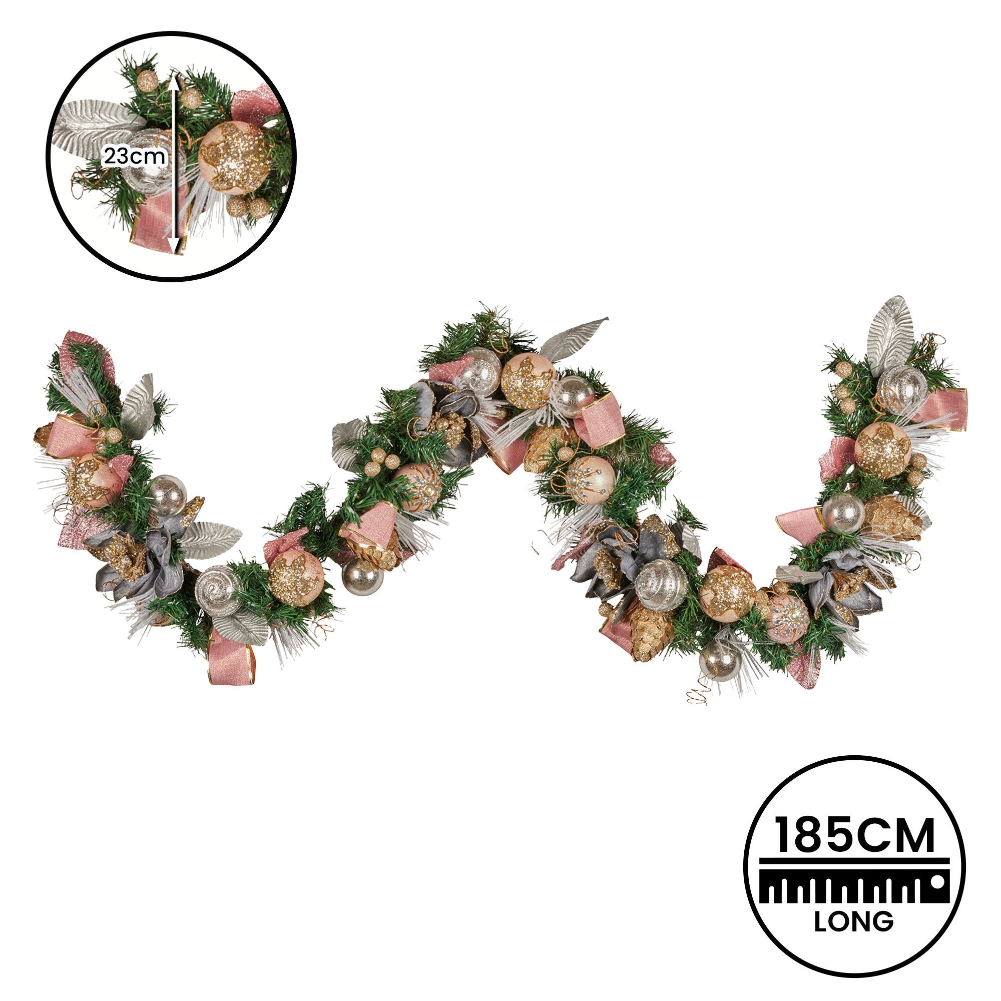 1.8M Pre-Decorated Christmas Garland – Baubles, Flowers, Ribbon & Berries