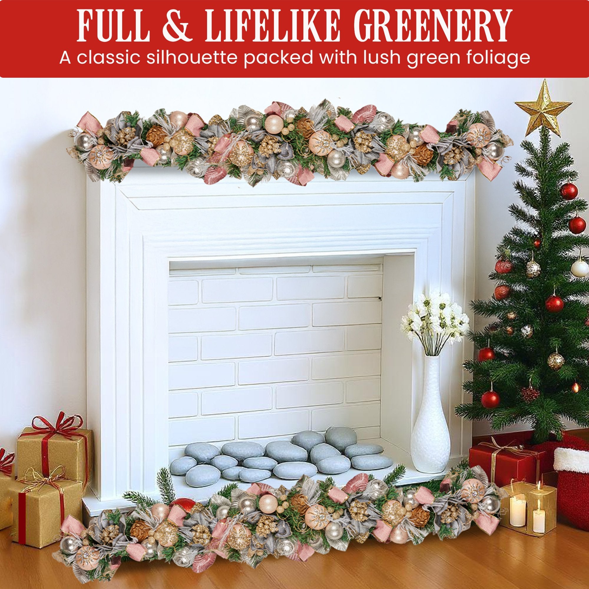 1.8M Pre-Decorated Christmas Garland – Baubles, Flowers, Ribbon & Berries