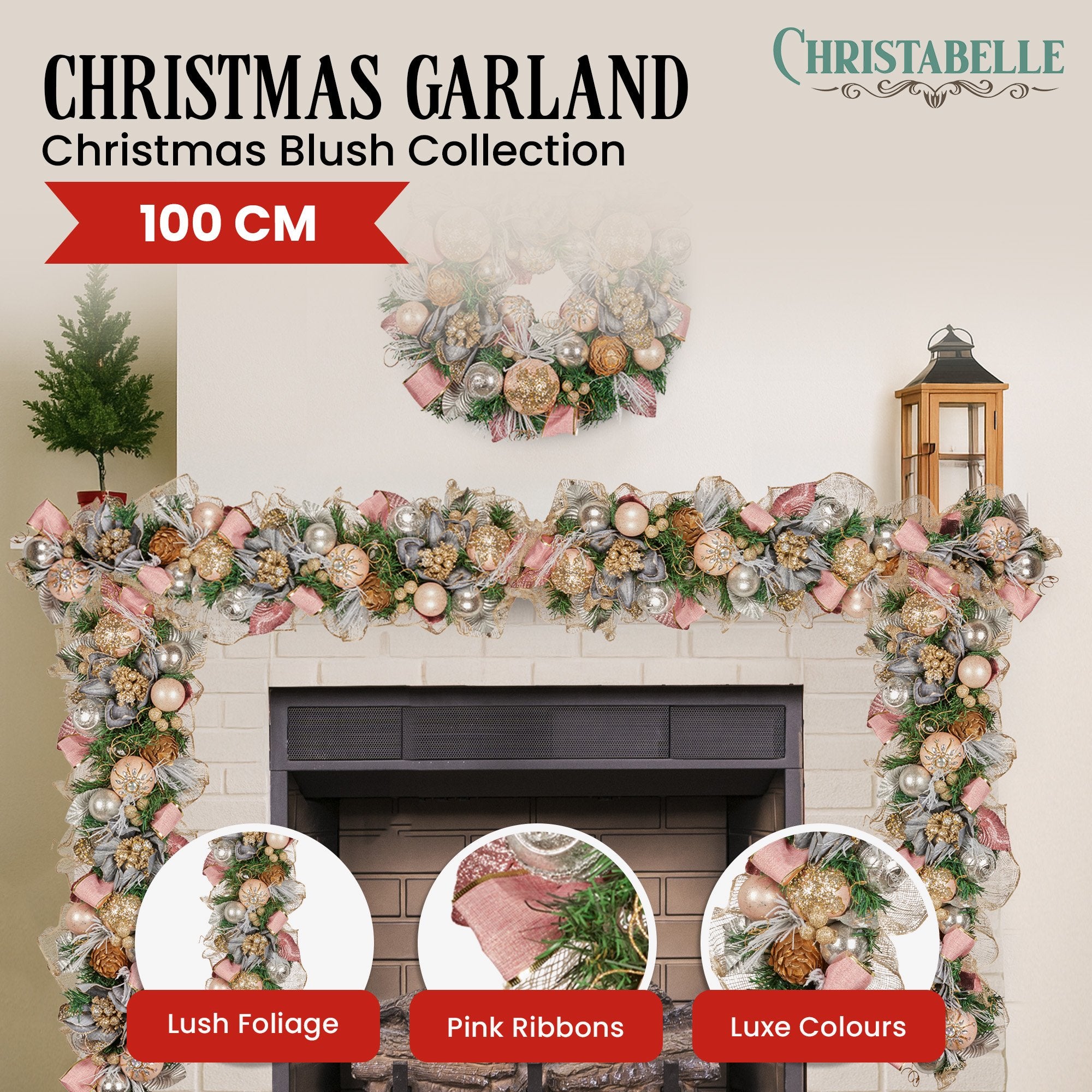 1M Pre-Decorated Christmas Garland – Baubles, Flowers, Ribbon & Berries