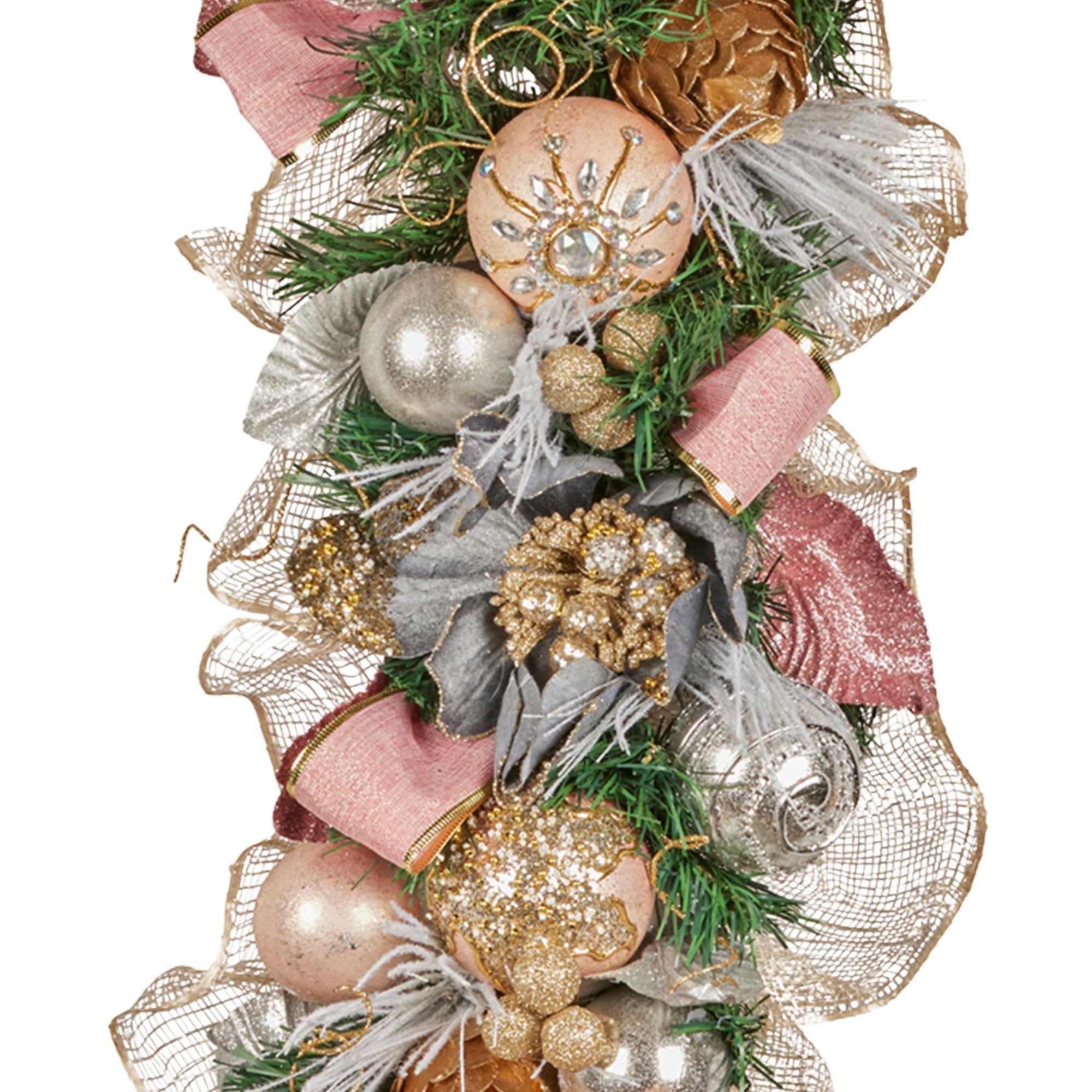 1M Pre-Decorated Christmas Garland – Baubles, Flowers, Ribbon & Berries