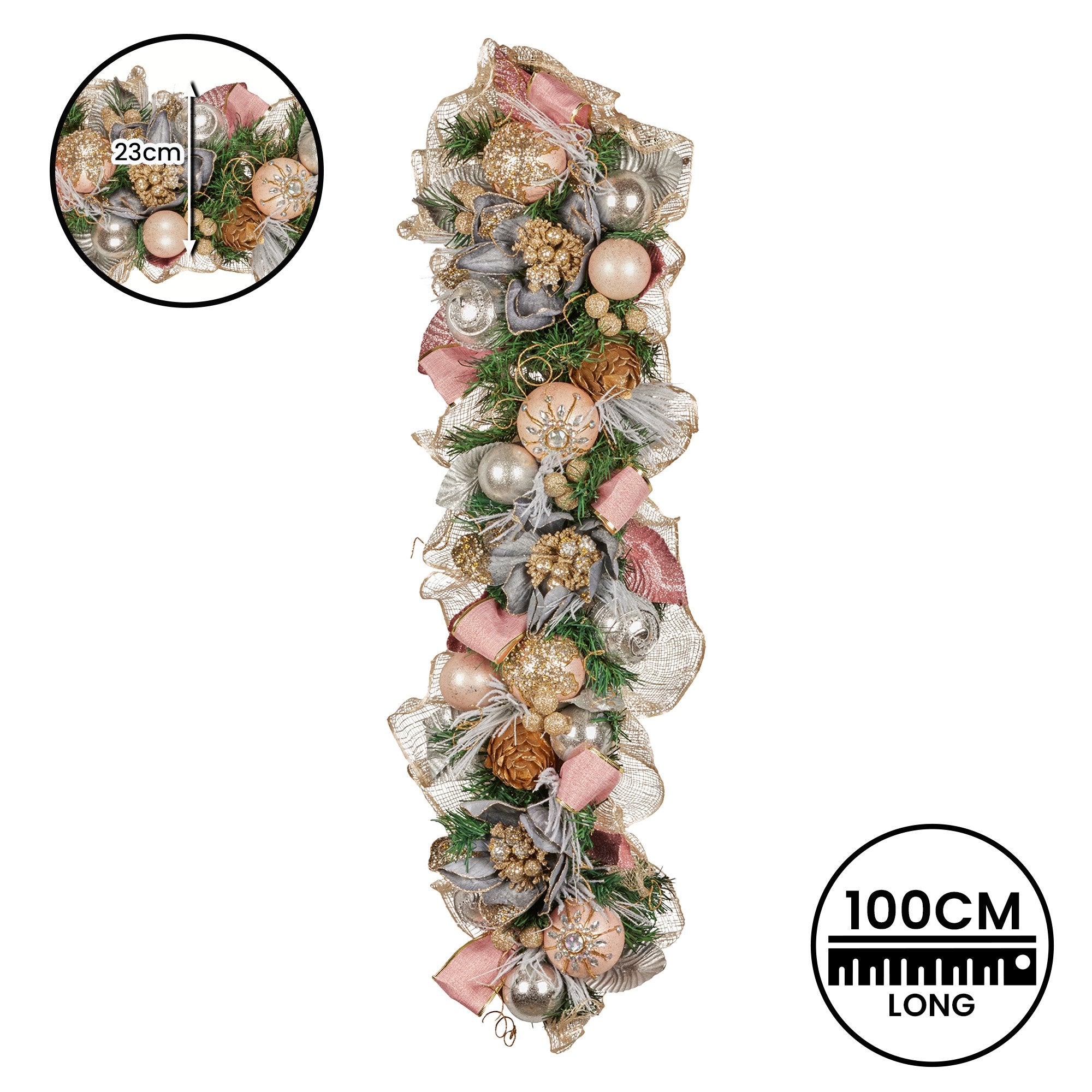 1M Pre-Decorated Christmas Garland – Baubles, Flowers, Ribbon & Berries