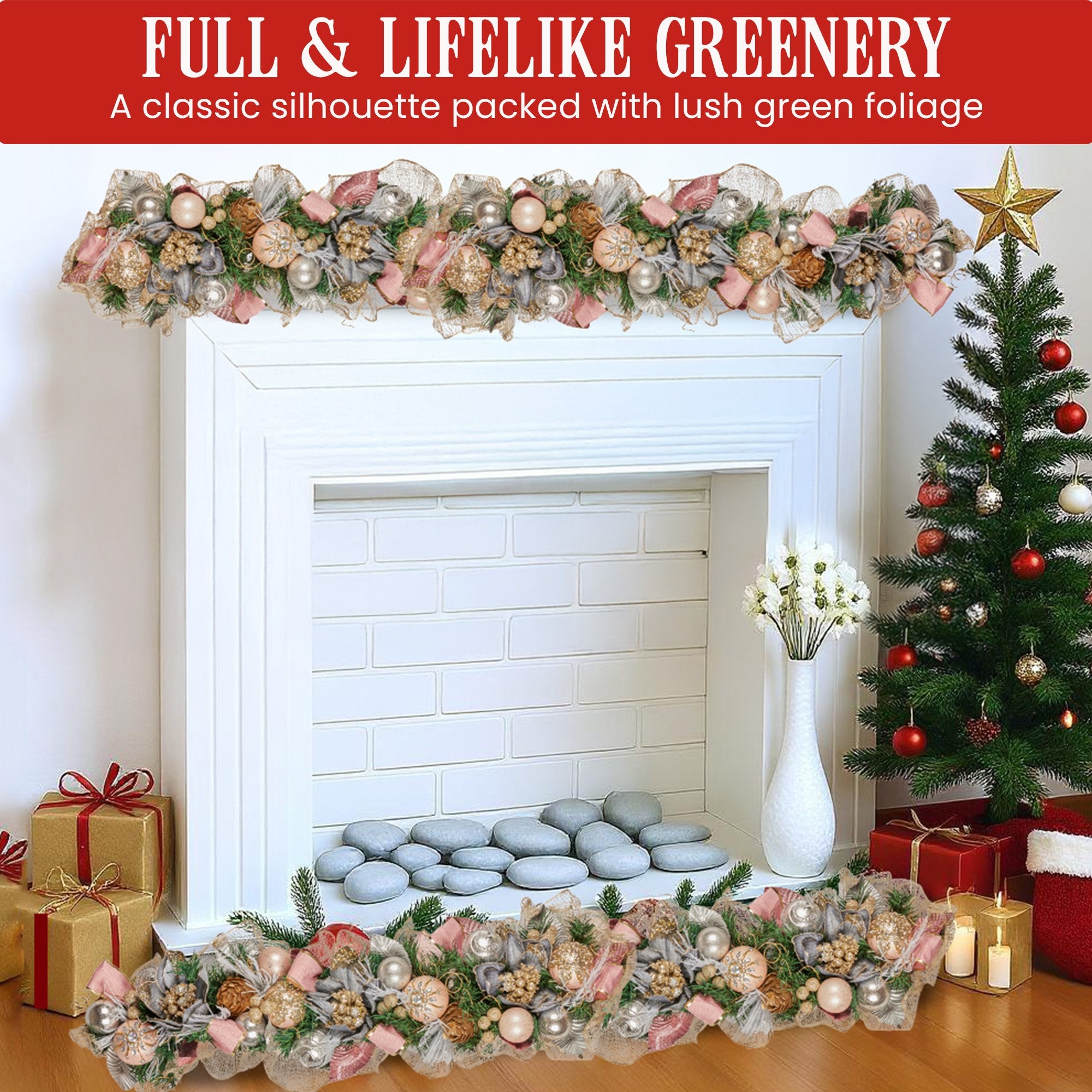 1M Pre-Decorated Christmas Garland – Baubles, Flowers, Ribbon & Berries