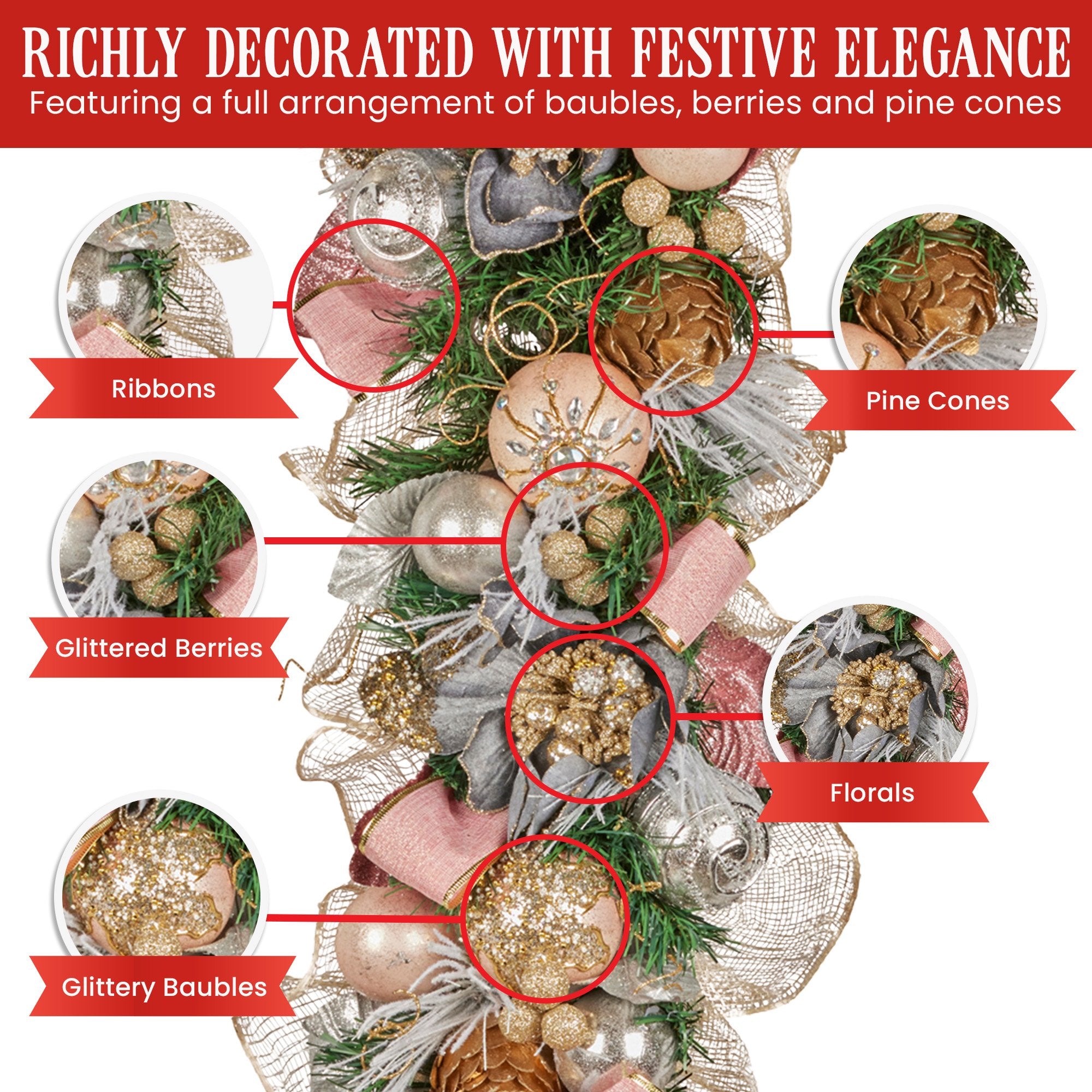 1M Pre-Decorated Christmas Garland – Baubles, Flowers, Ribbon & Berries