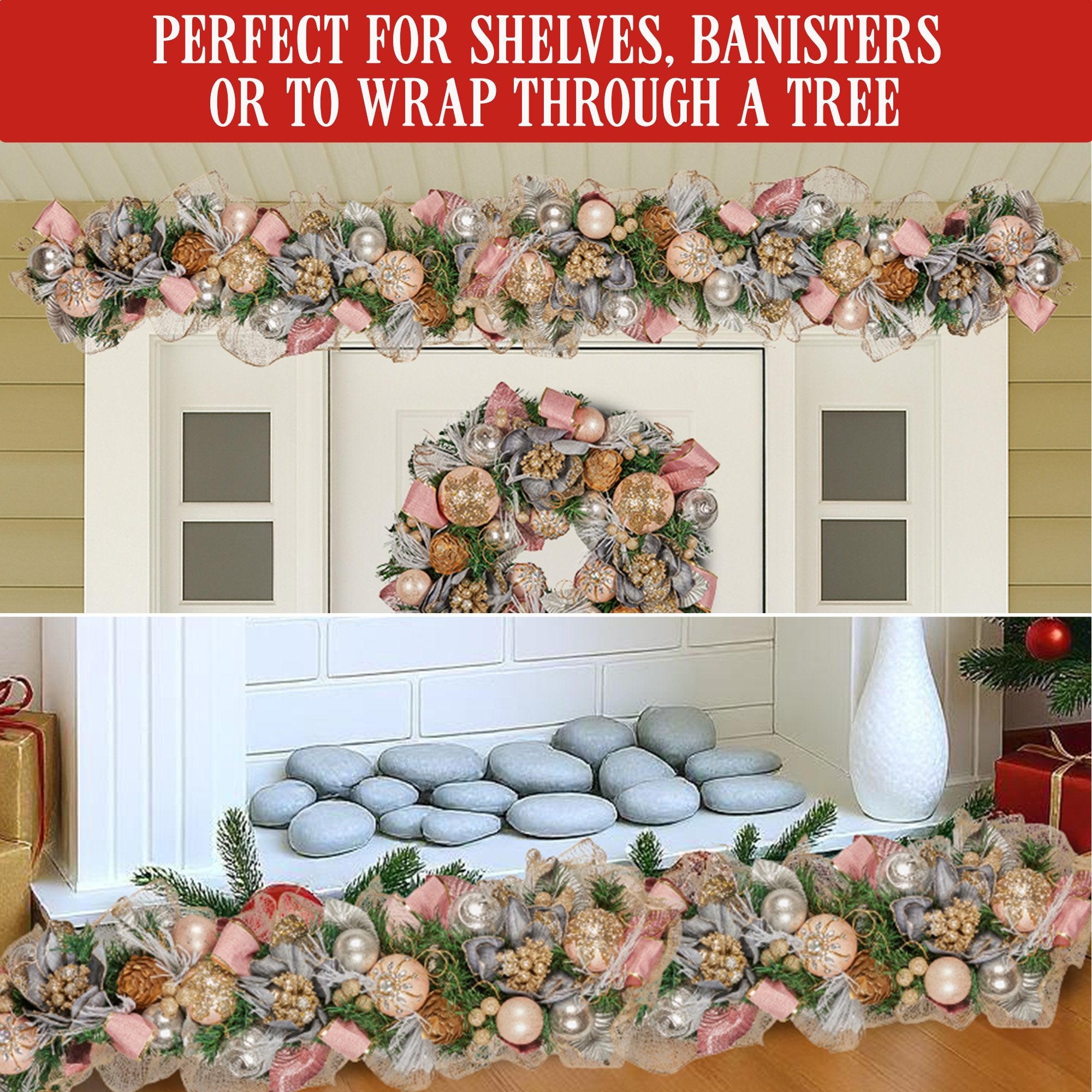 1M Pre-Decorated Christmas Garland – Baubles, Flowers, Ribbon & Berries