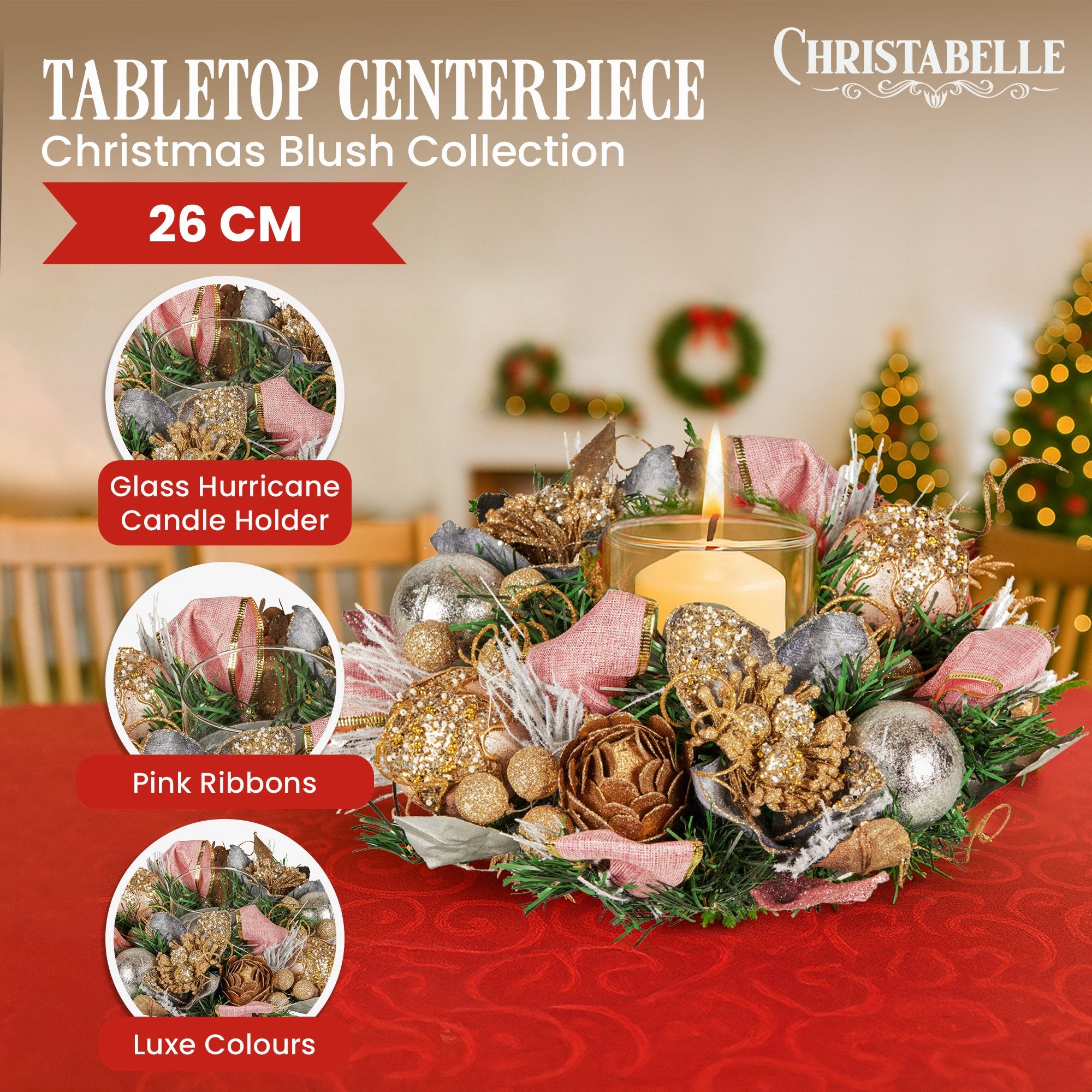 26CM Pre-Decorated Christmas Centrepiece – Baubles, Flowers, Ribbon & Candle Holder