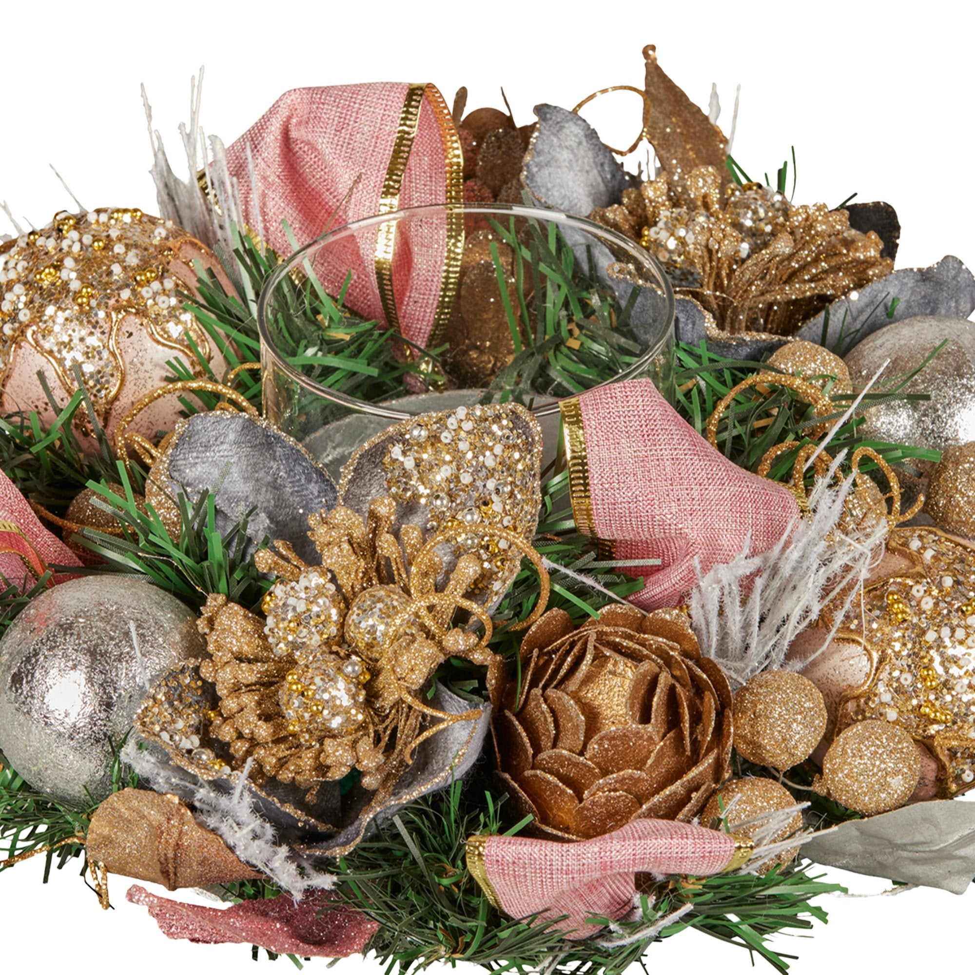 26CM Pre-Decorated Christmas Centrepiece – Baubles, Flowers, Ribbon & Candle Holder