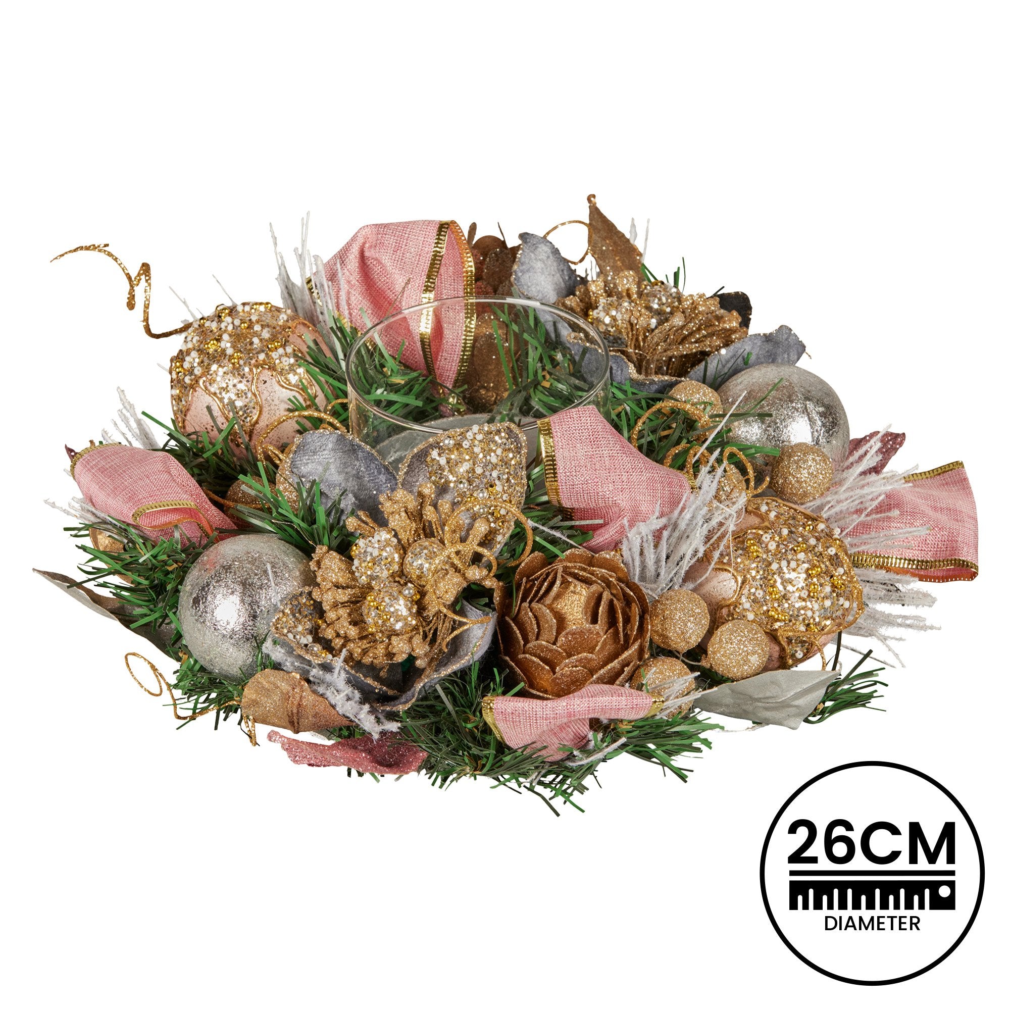 26CM Pre-Decorated Christmas Centrepiece – Baubles, Flowers, Ribbon & Candle Holder