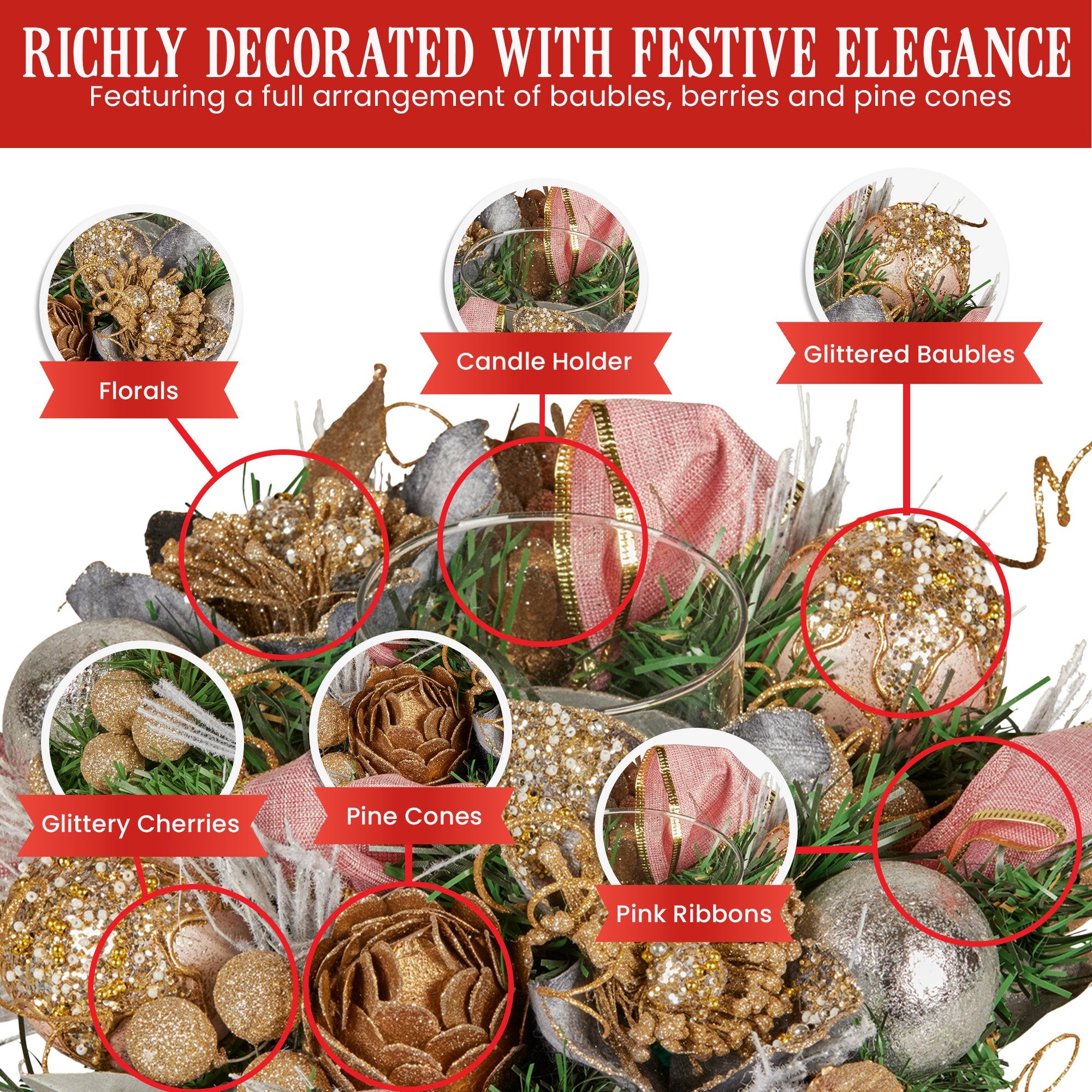 26CM Pre-Decorated Christmas Centrepiece – Baubles, Flowers, Ribbon & Candle Holder