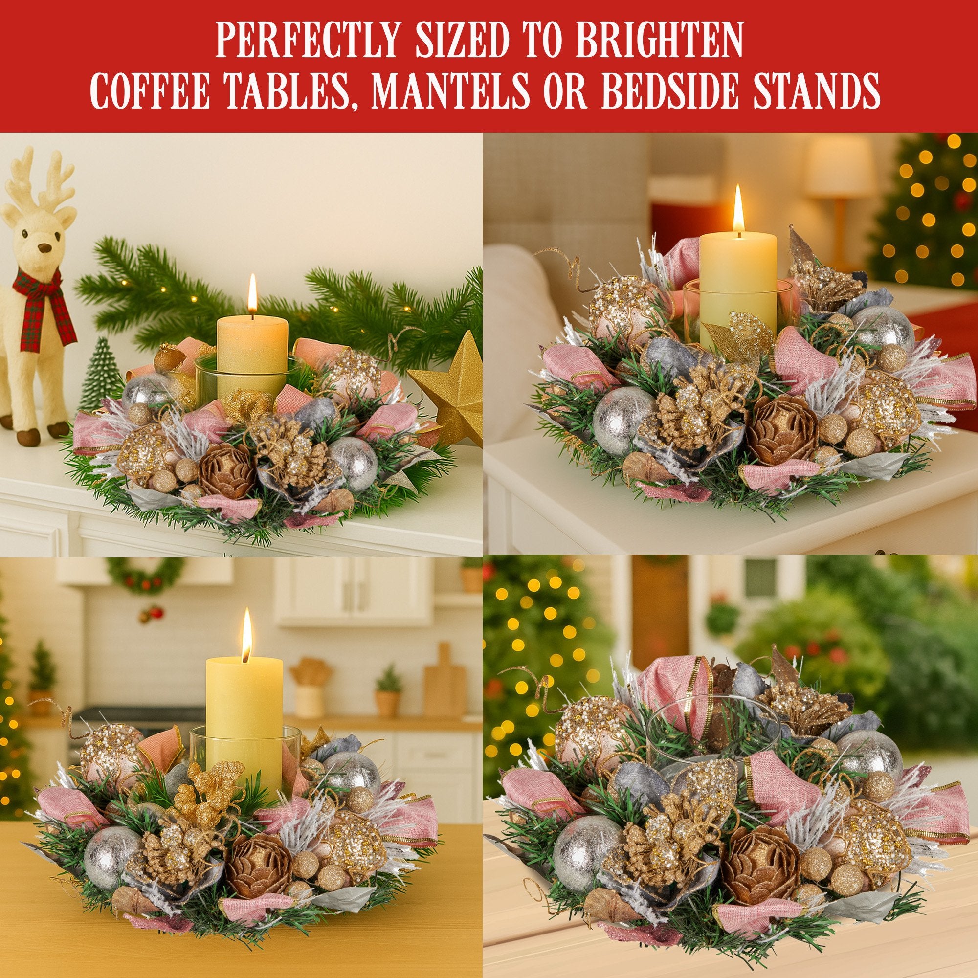 26CM Pre-Decorated Christmas Centrepiece – Baubles, Flowers, Ribbon & Candle Holder