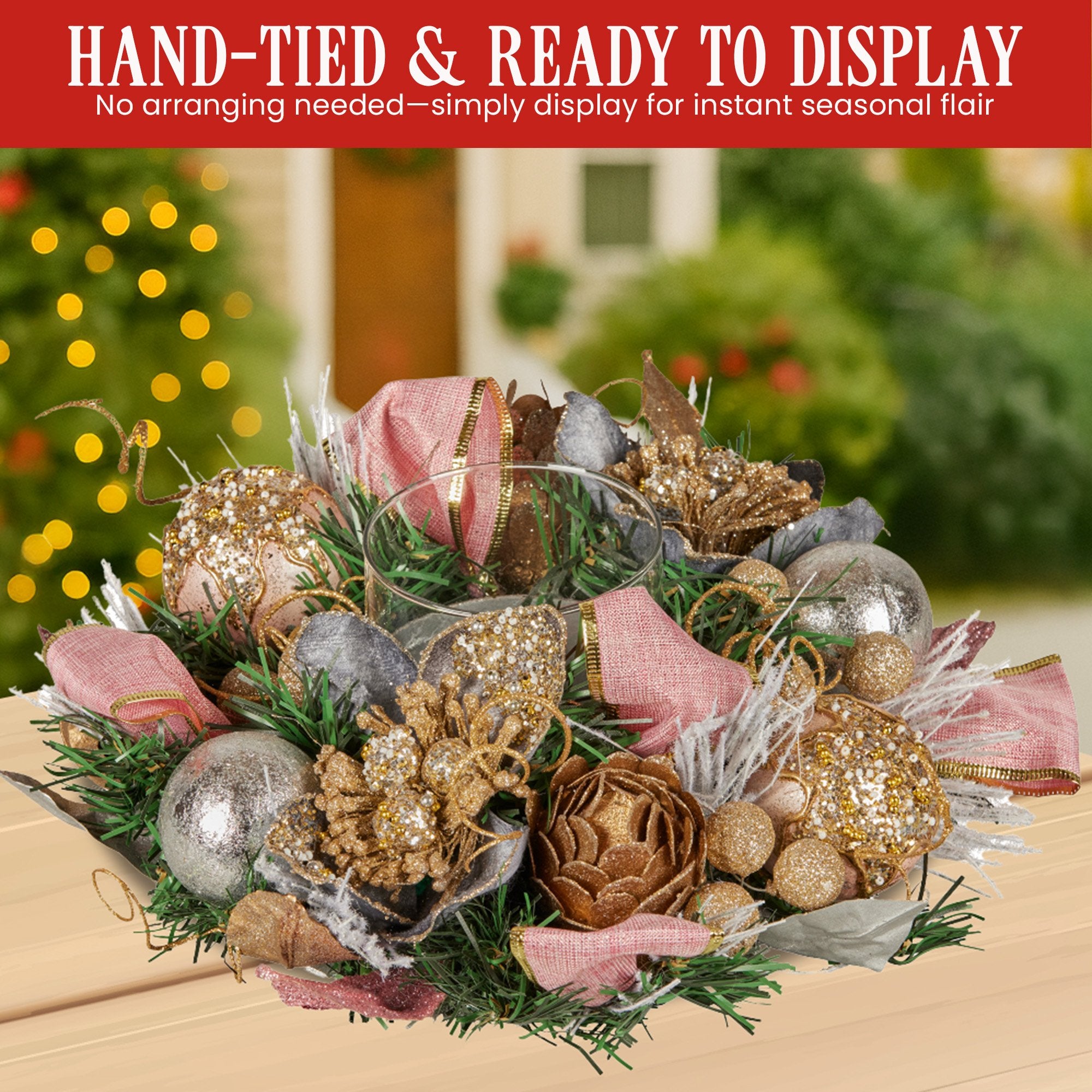 26CM Pre-Decorated Christmas Centrepiece – Baubles, Flowers, Ribbon & Candle Holder