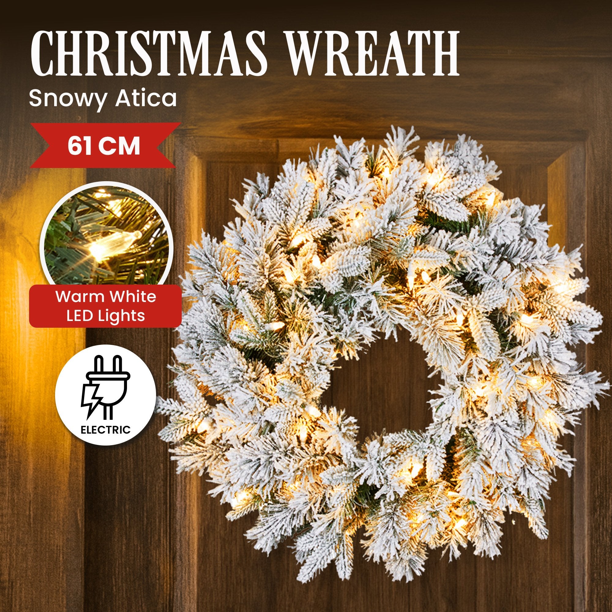 61CM Snowy Atica Pre-Lit Christmas Wreath – Warm White LEDs